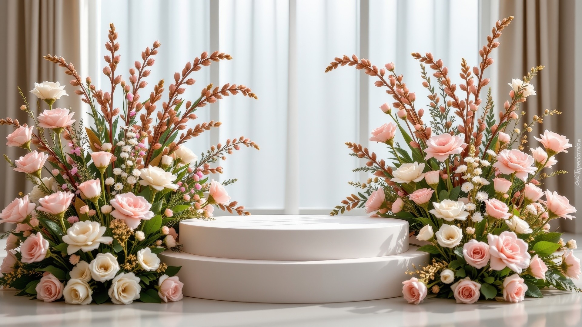Podium, Kwiaty, Białe, Różowe, Róże