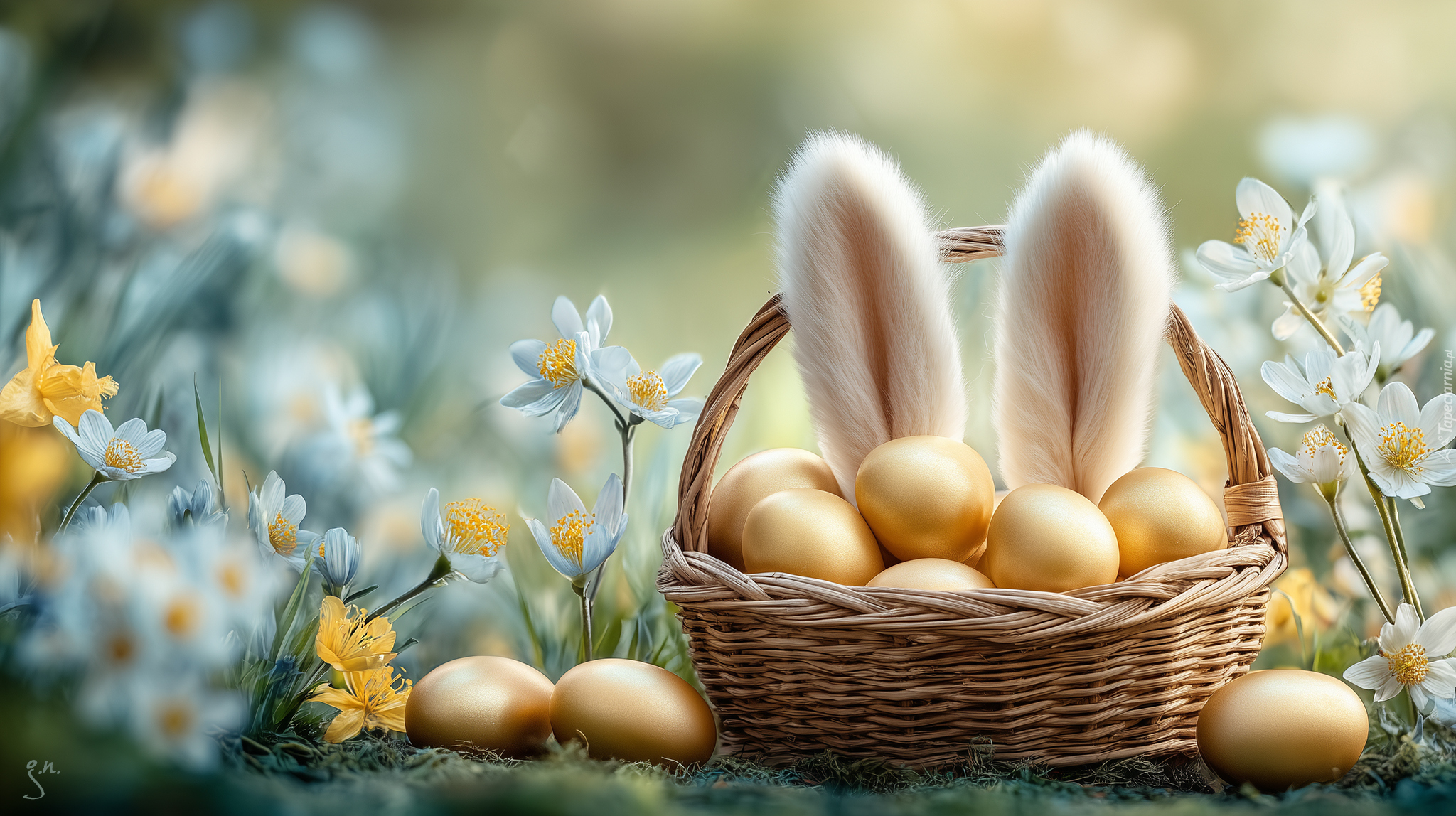 Złote, Jajka, Koszyk, Uszy królika, Białe, Kwiaty, Wielkanoc, Grafika AI