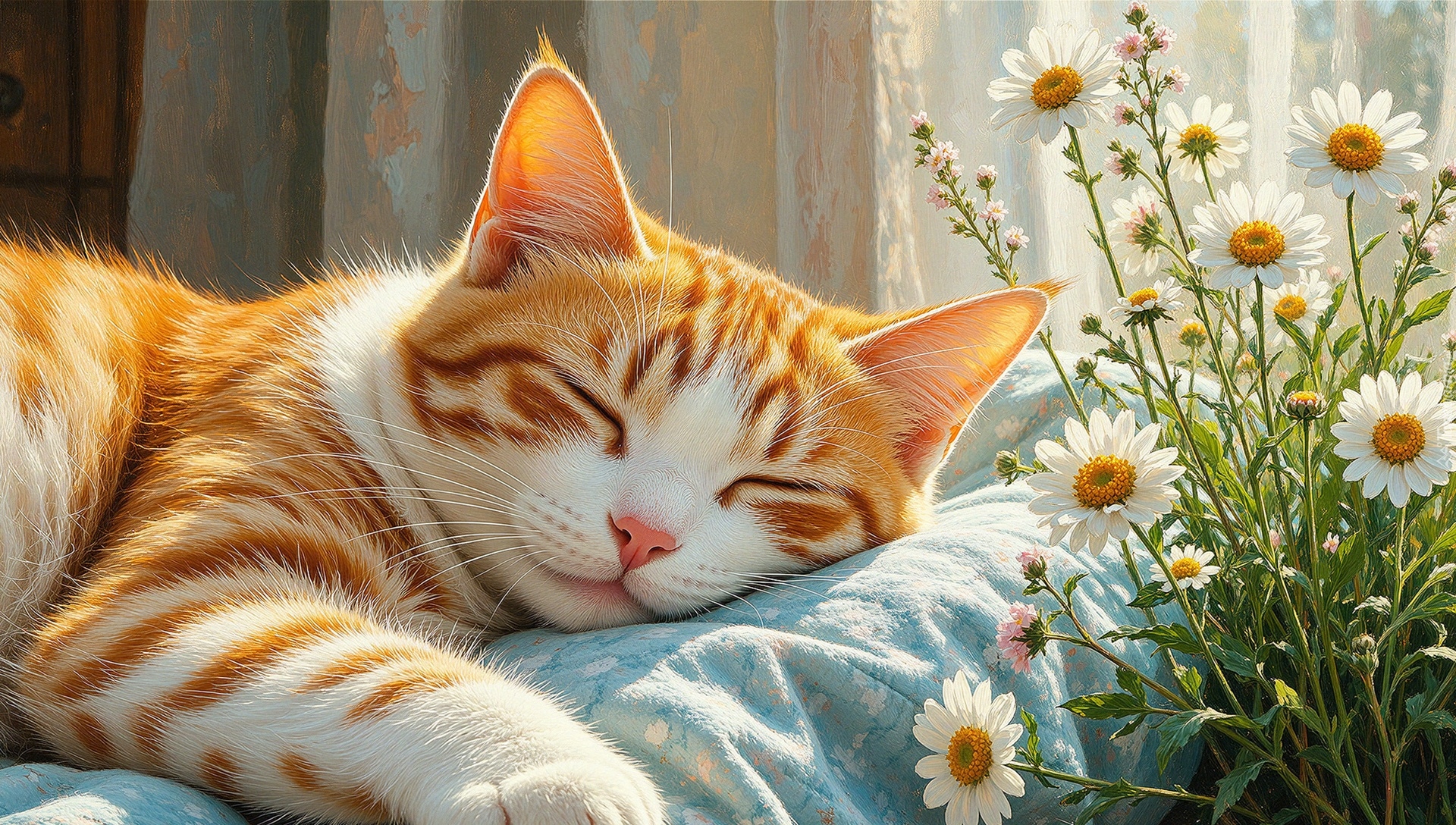 Rudy, Śpiący, Kot, Kwiaty, Grafika AI