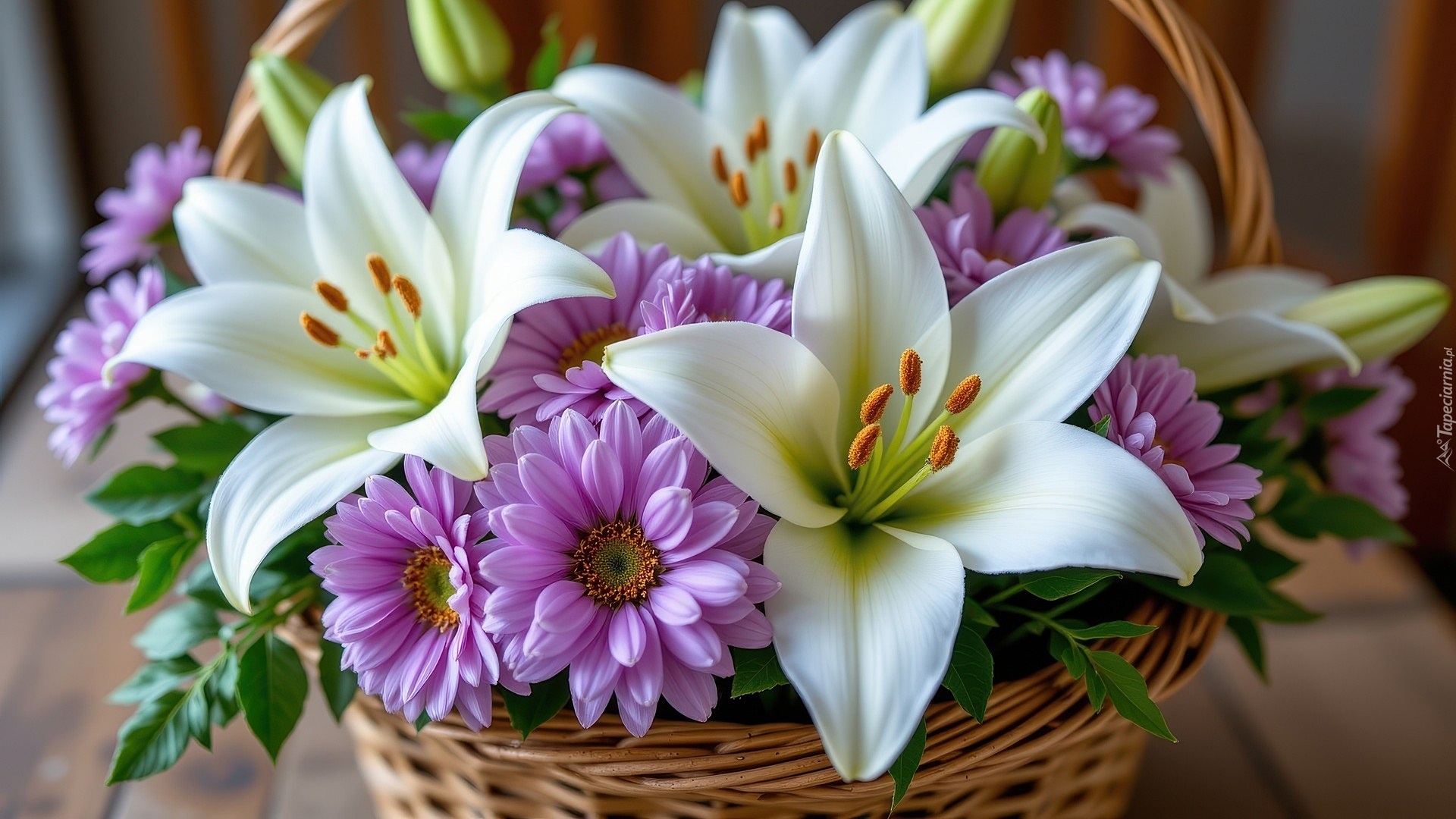 Białe, Lilie, Fioletowe, Astry, Kosz, Kwiaty
