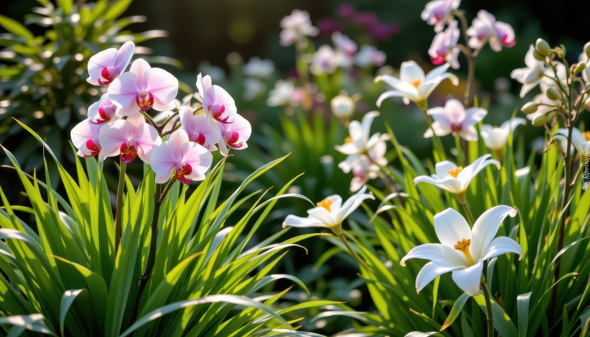 Kwiaty, Białe, Lilie, Jasnoróżowe, Storczyki, Liście