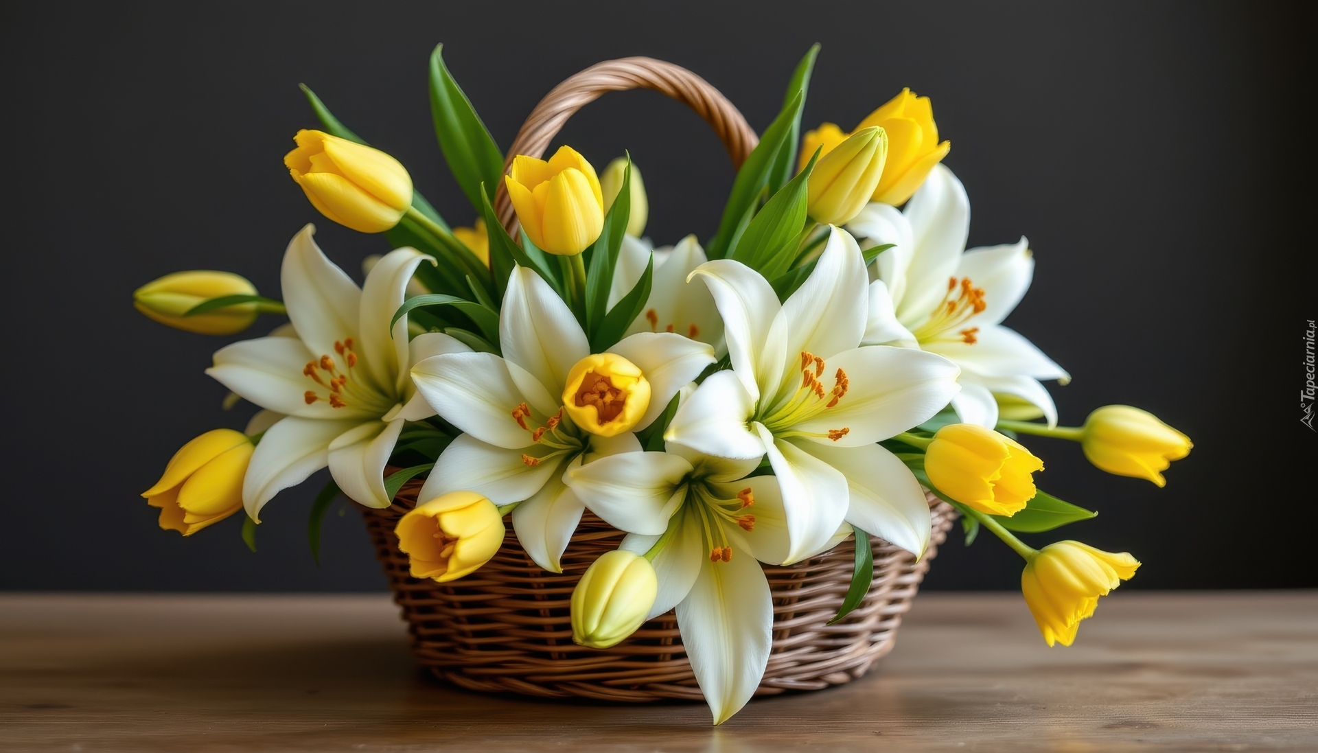 Kwiaty, Białe, Lilie, Żółte, Tulipany, Koszyk