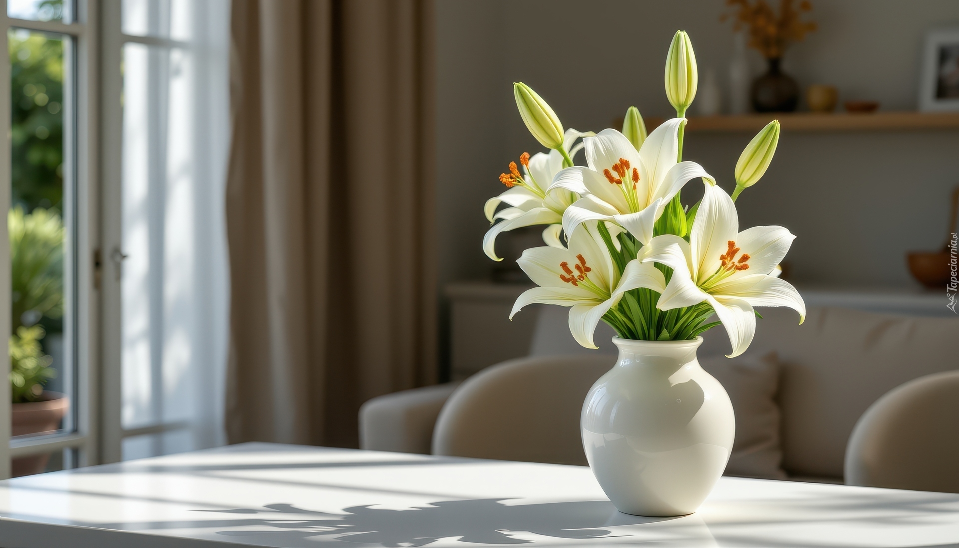 Białe, Lilie, Biały, Wazon, Stół