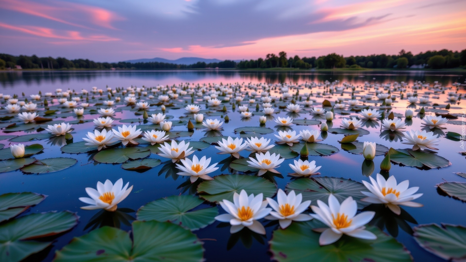 Jezioro, Białe, Lilie wodne, Niebo, Drzewa, Góry