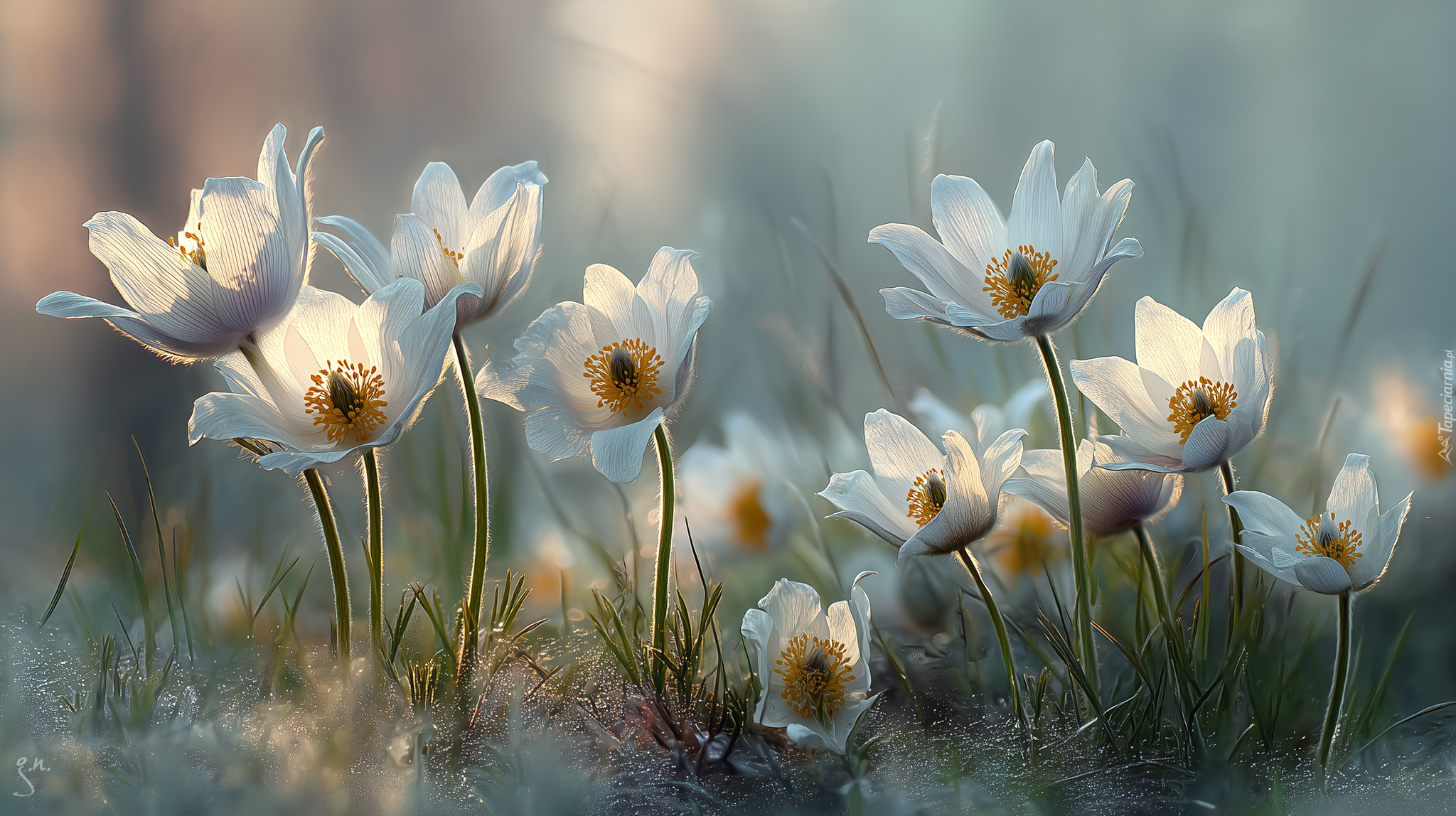 Białe, Sasanki, Kwiaty, Grafika AI