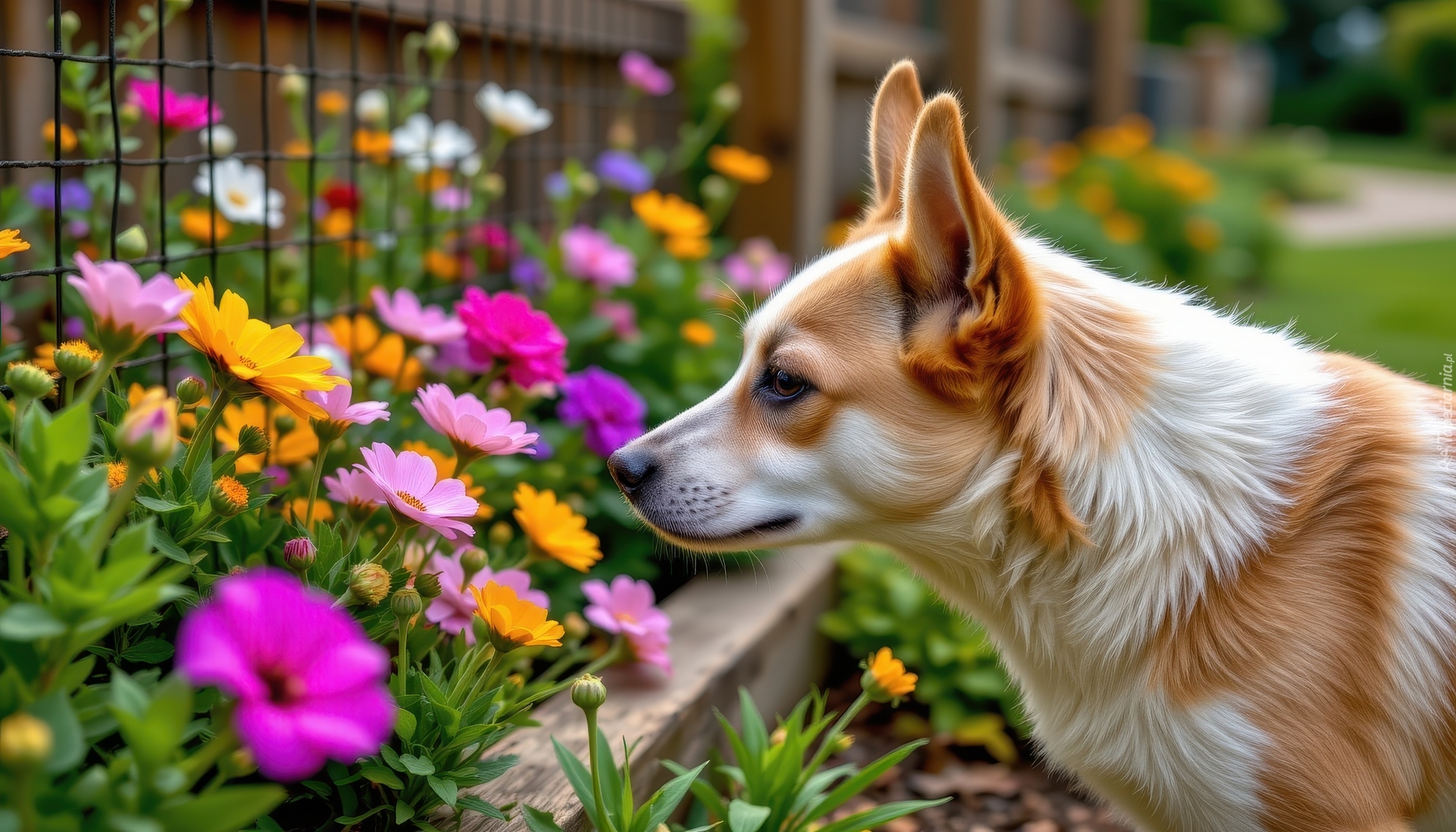 Biało-beżowy, Pies, Kwiaty, Kolorowe, Ogrodzenie