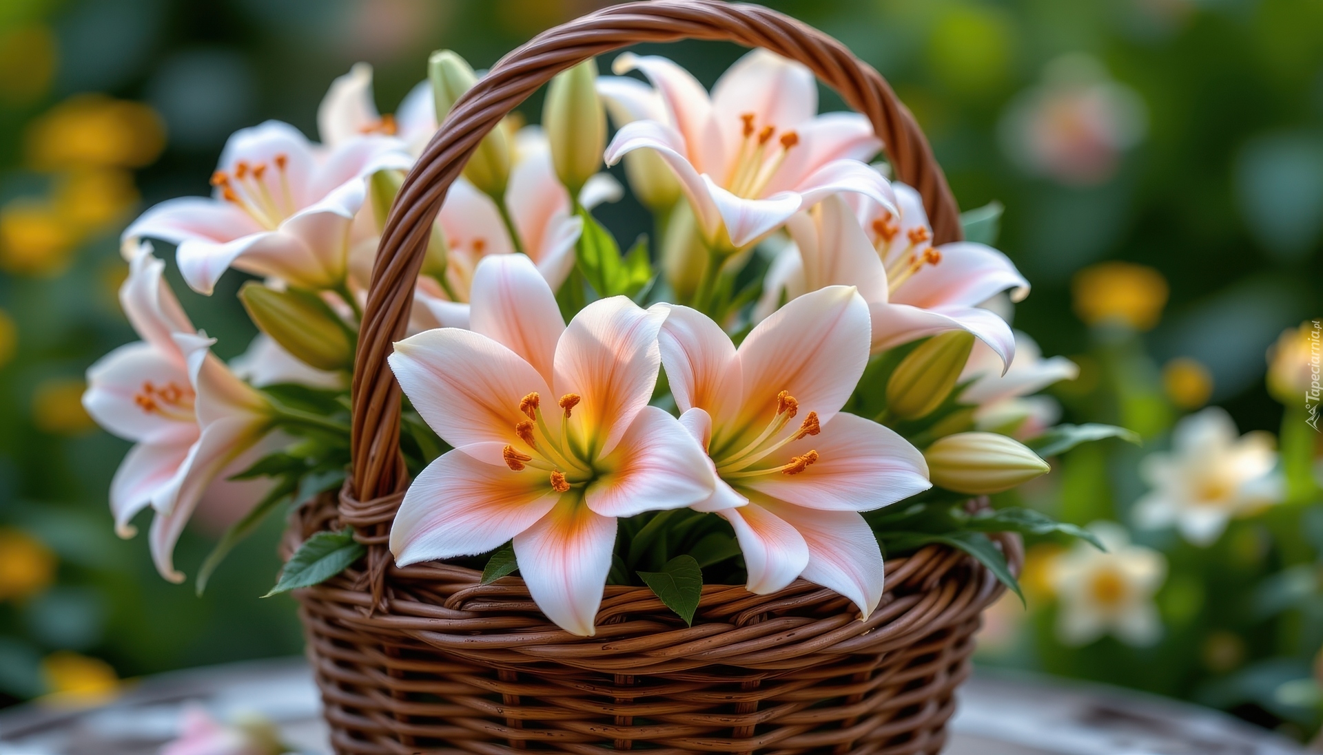 Biało-pomarańczowe, Lilie, Pąki, Wiklinowy, Koszyk