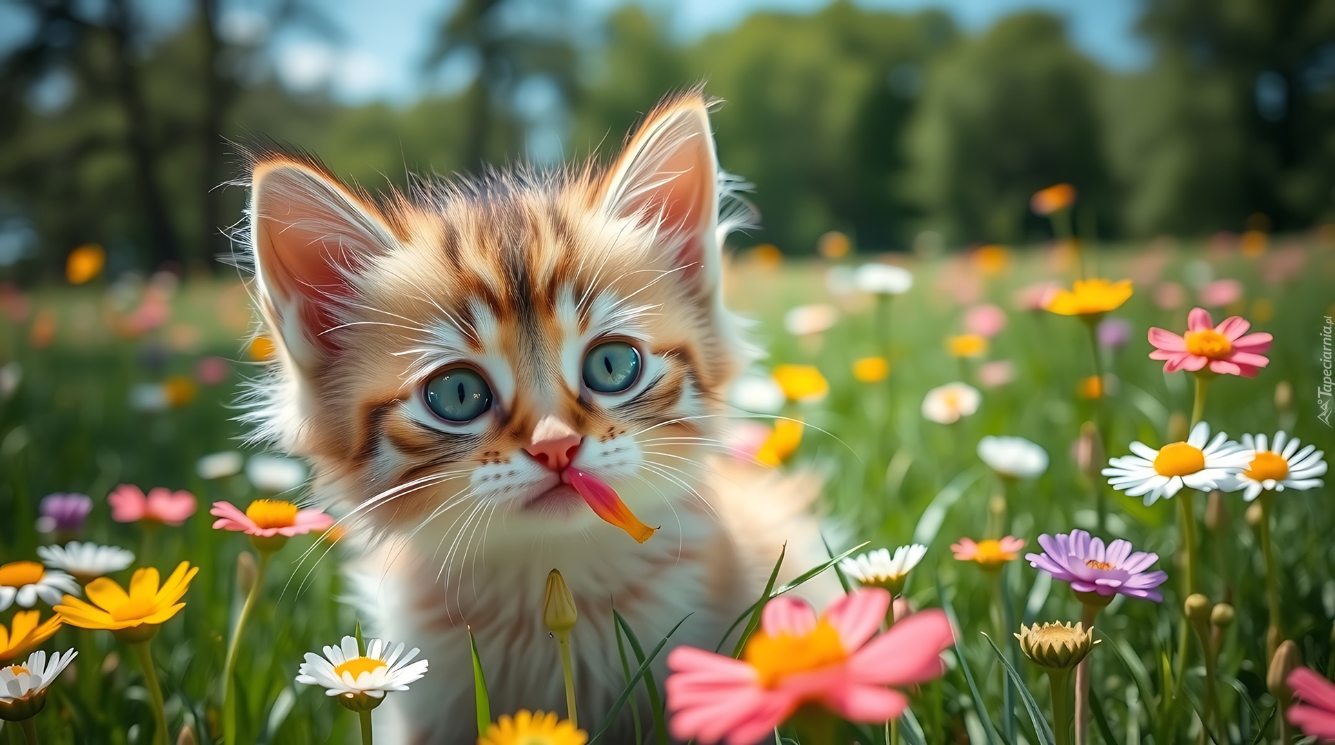 Kot, Łąka, Kwiaty, Grafika AI