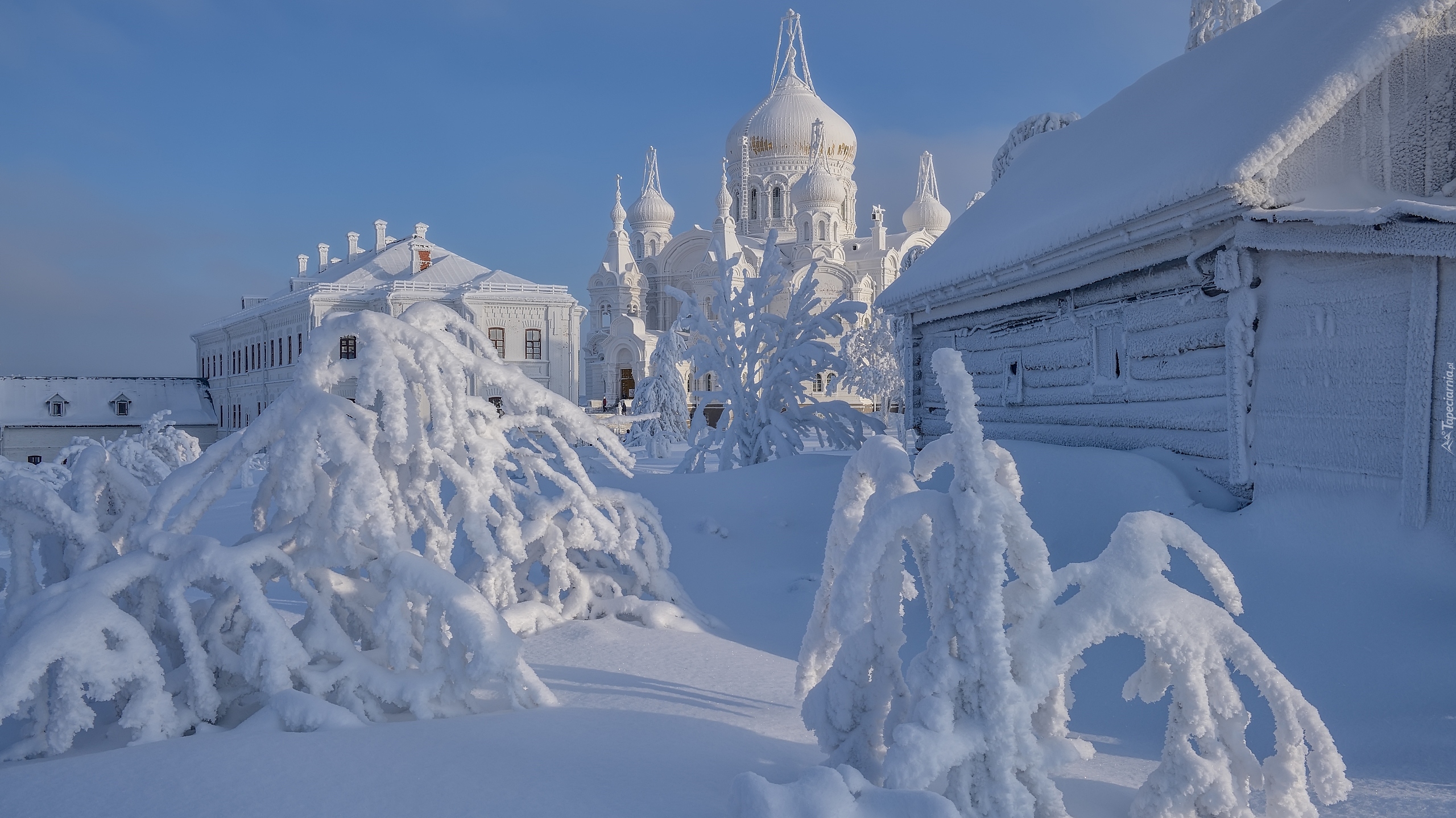 Cerkiew, Białogórski Monaster św Mikołaja, Zima, Śnieg, Ośnieżony, Dom, Drzewa, Biała Góra, Obwód permski, Rosja