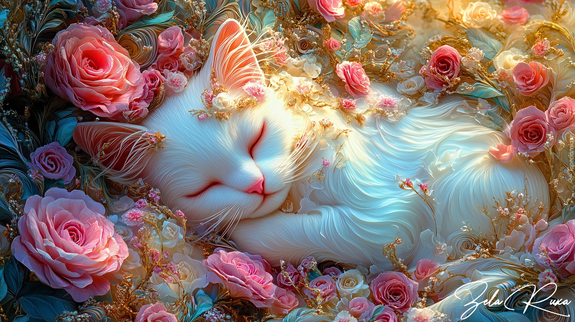 Kot, Biały, Róże, Grafika AI