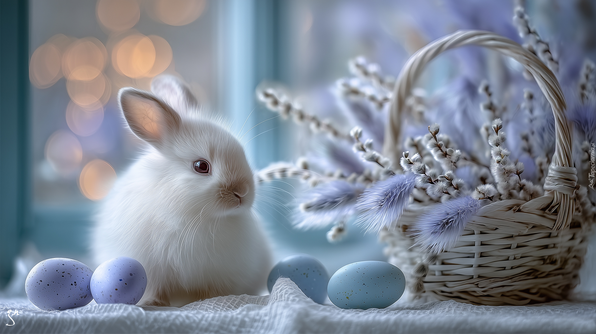 Biały, Królik, Pisanki, Koszyk, Bazie, Kłosy, Trawa, Wielkanoc, Grafika AI
