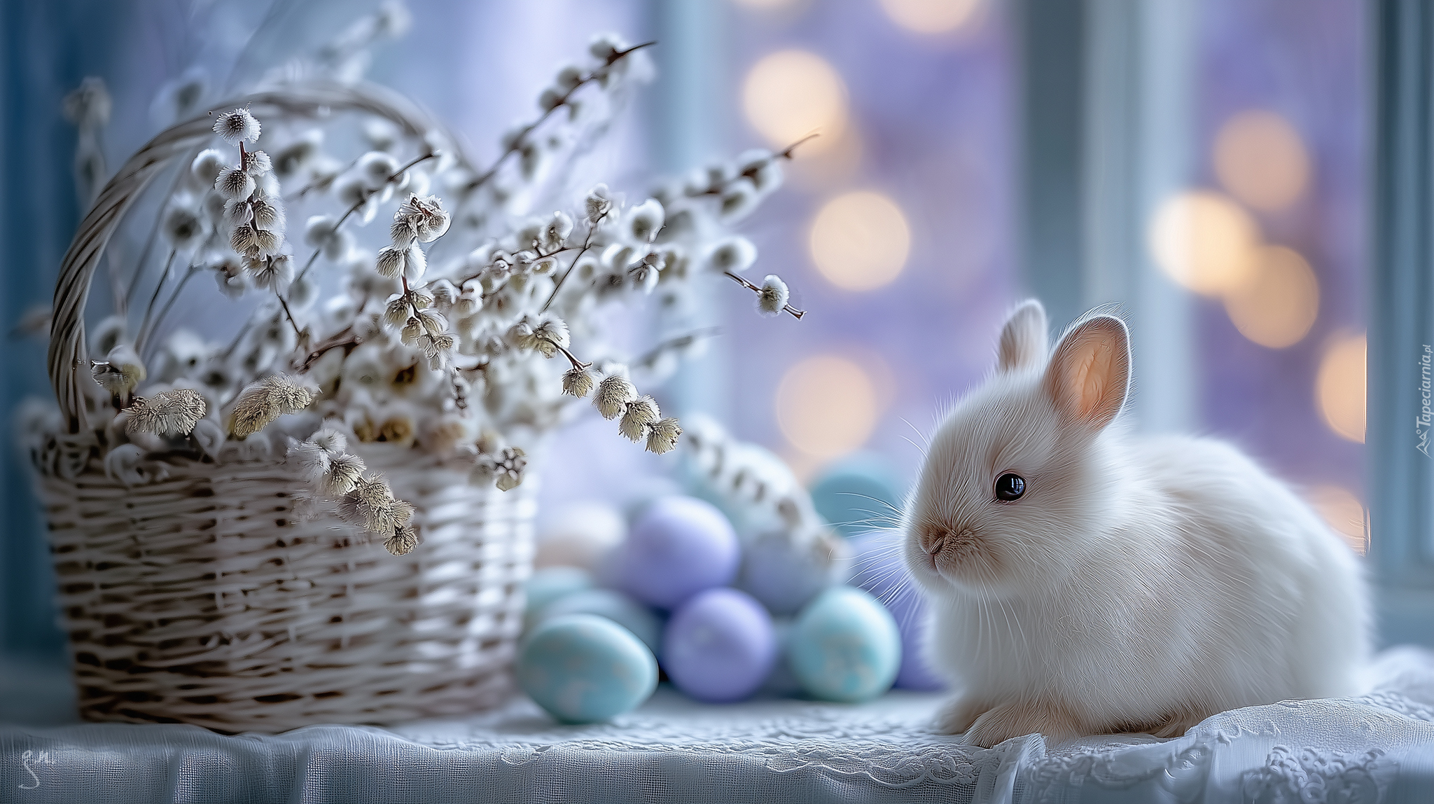 Biały, Królik, Koszyk, Bazie, Jajka, Wielkanoc, Grafika AI