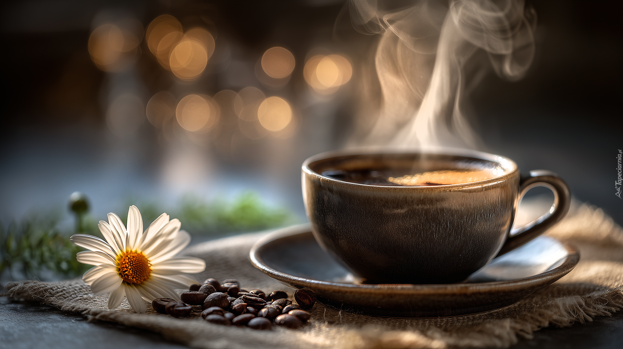 Filiżanka, Kawa, Kwiat, Biały, Ziarna, Serweta, Grafika AI