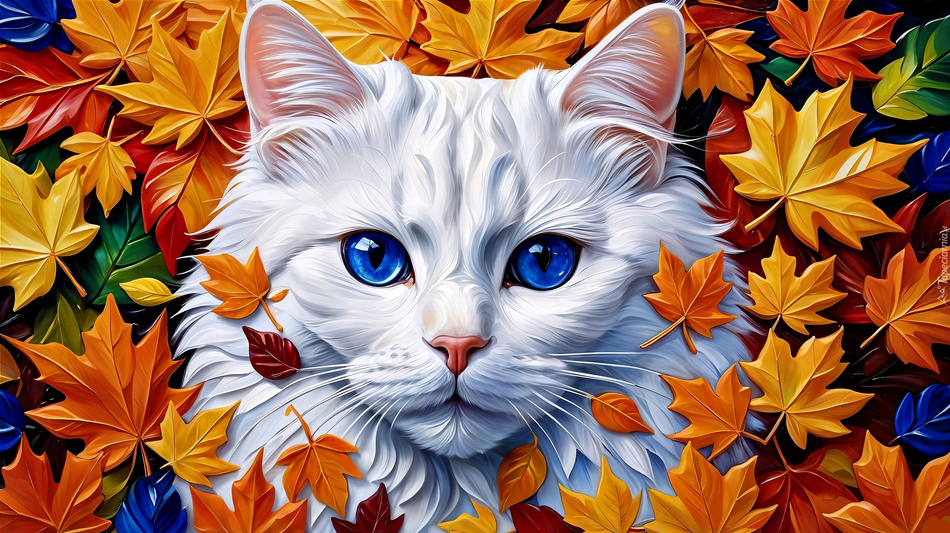Kot, Biały, Niebieskie, Oczy, Liście, Grafika AI