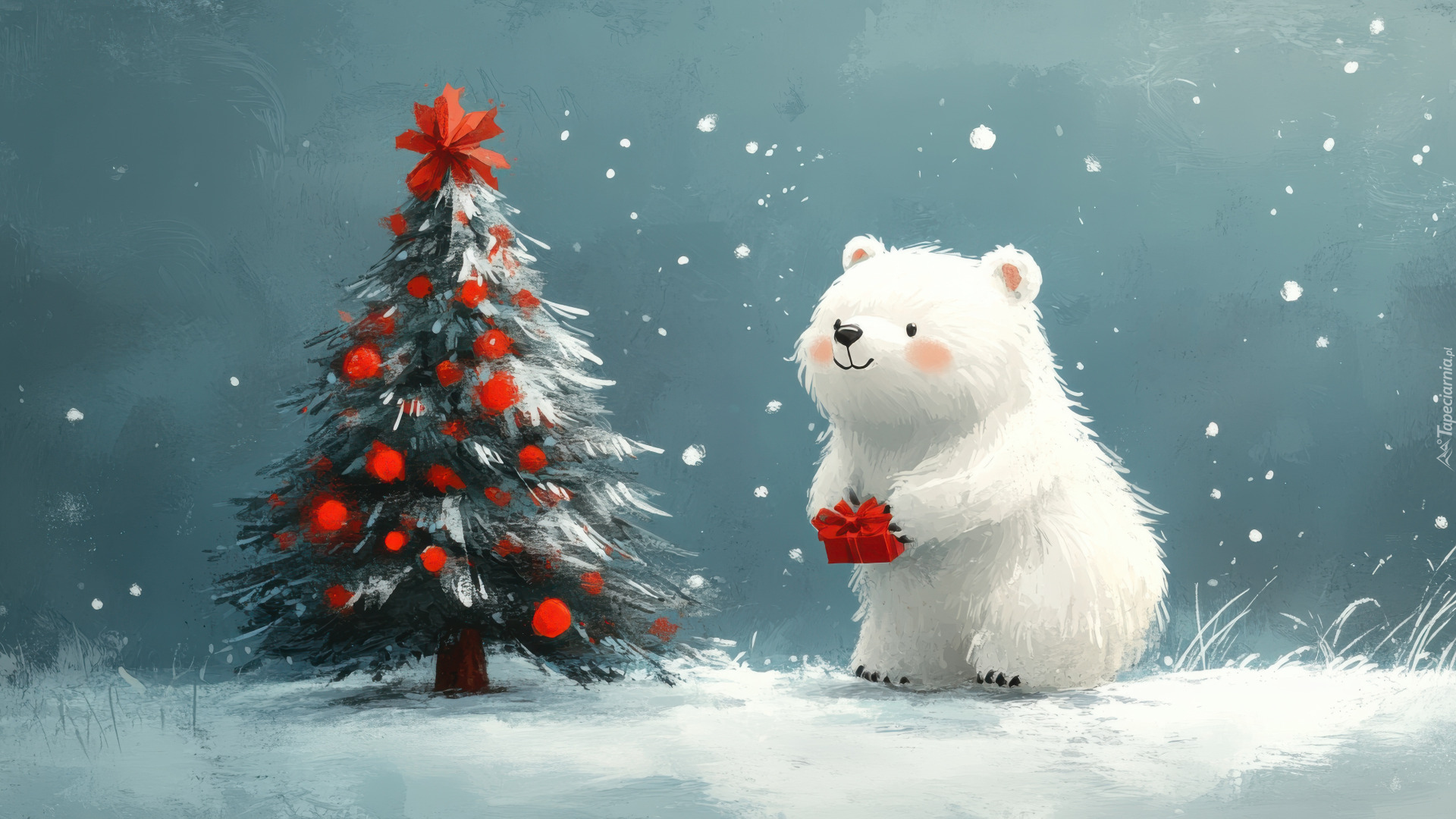 Boże Narodzenie, Biały, Niedźwiadek, Prezent, Choinka, Grafika