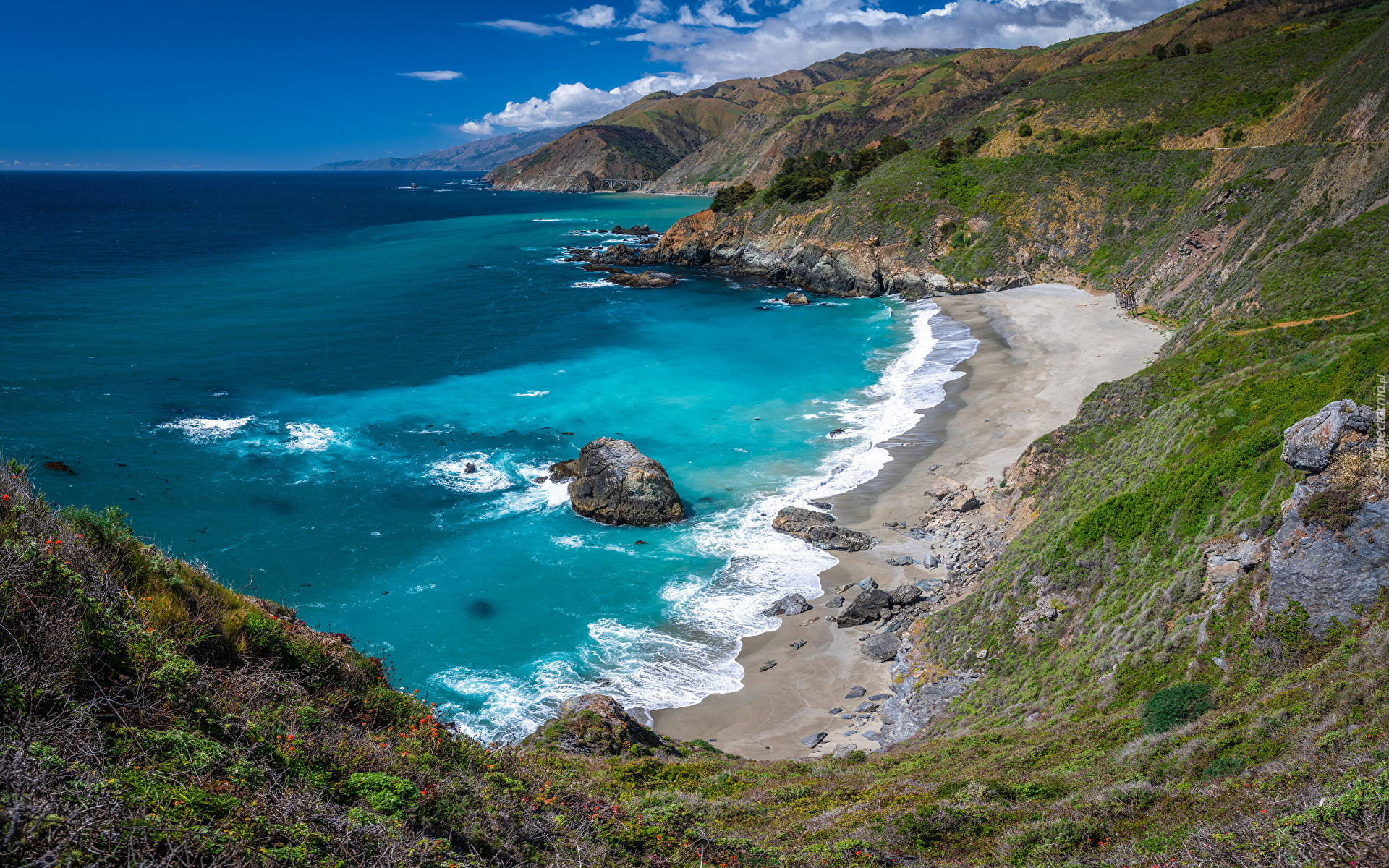 Morze, Skały, Góry, Wybrzeże, Plaża, Kwiaty, Chmury, Region Big Sur, Kalifornia, Stany Zjednoczone