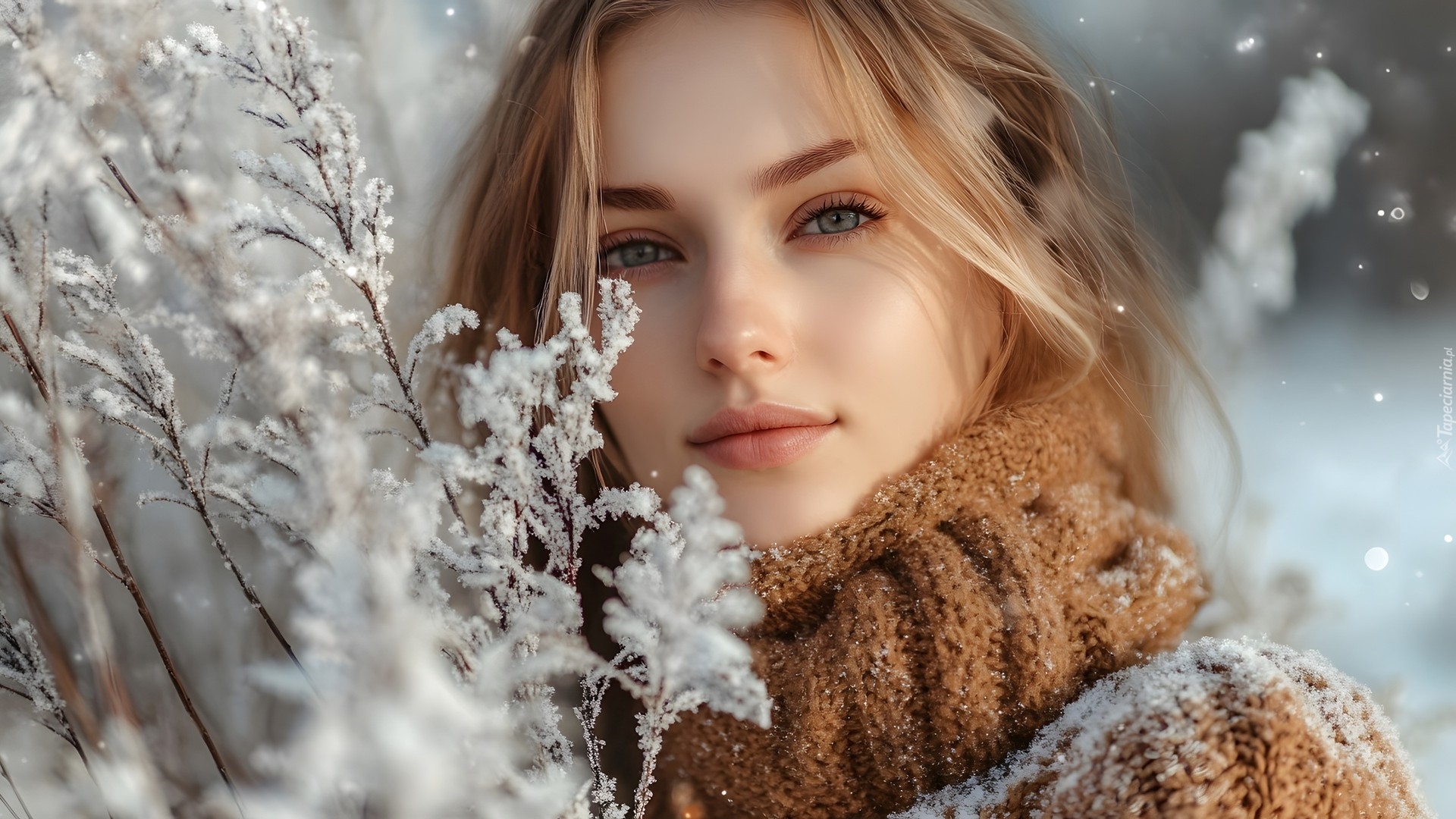 Kobieta, Blondynka, Brązowy, Golf, Ośnieżone, Gałązki