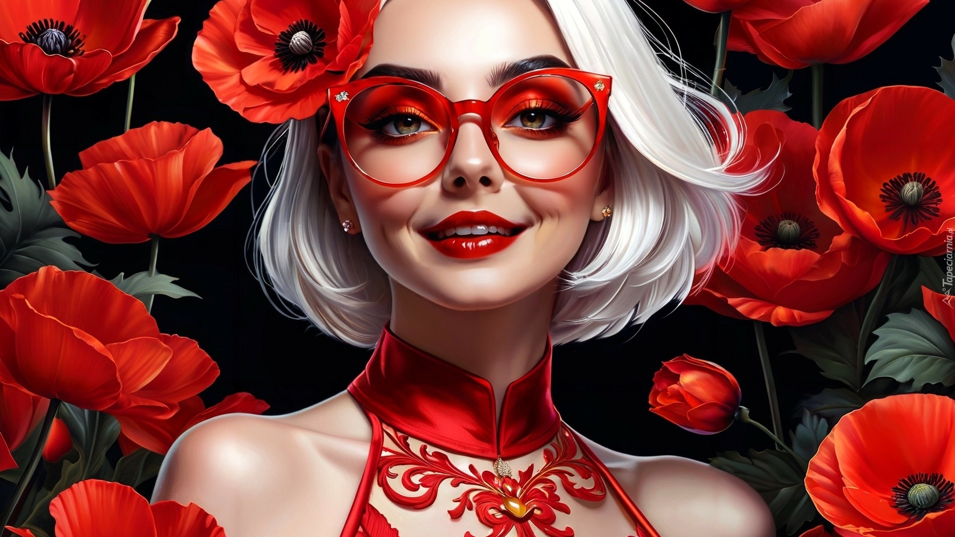 Dziewczyna, Blondynka, Czerwona, Sukienka, Czerwone, Okulary, Czerwone, Maki, Grafika
