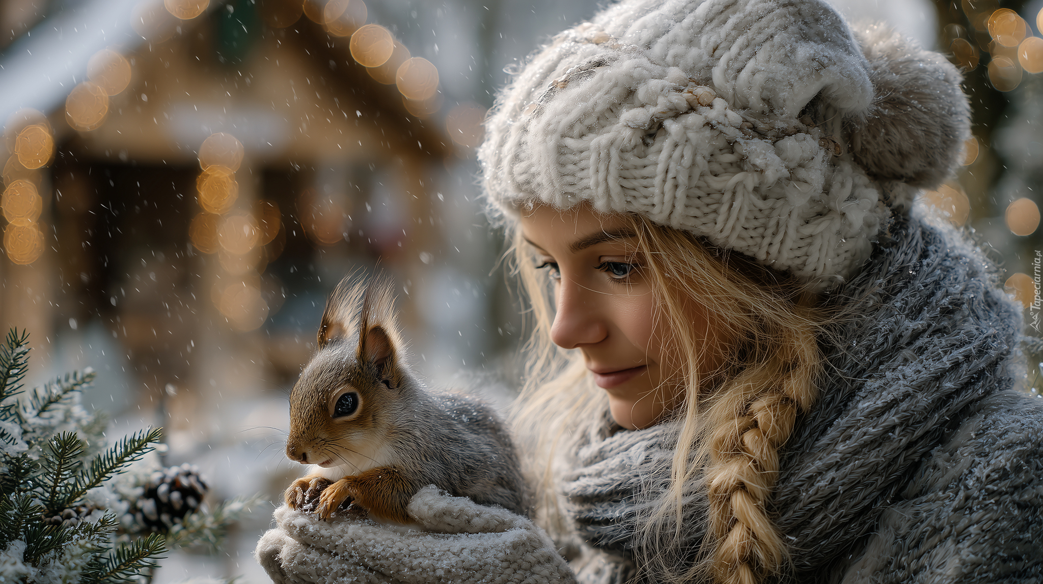 Kobieta, Warkocz, Czapka, Szal, Wiewiórka, Grafika AI