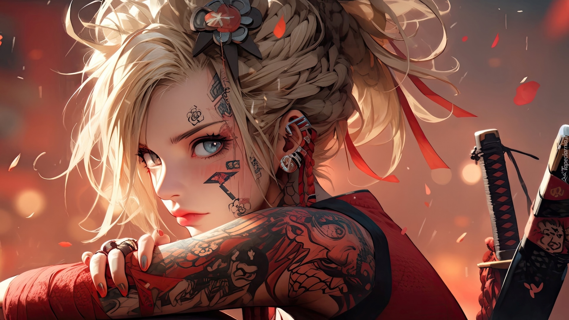 Anime, Dziewczyna, Blondynka, Tatuaż, Miecz