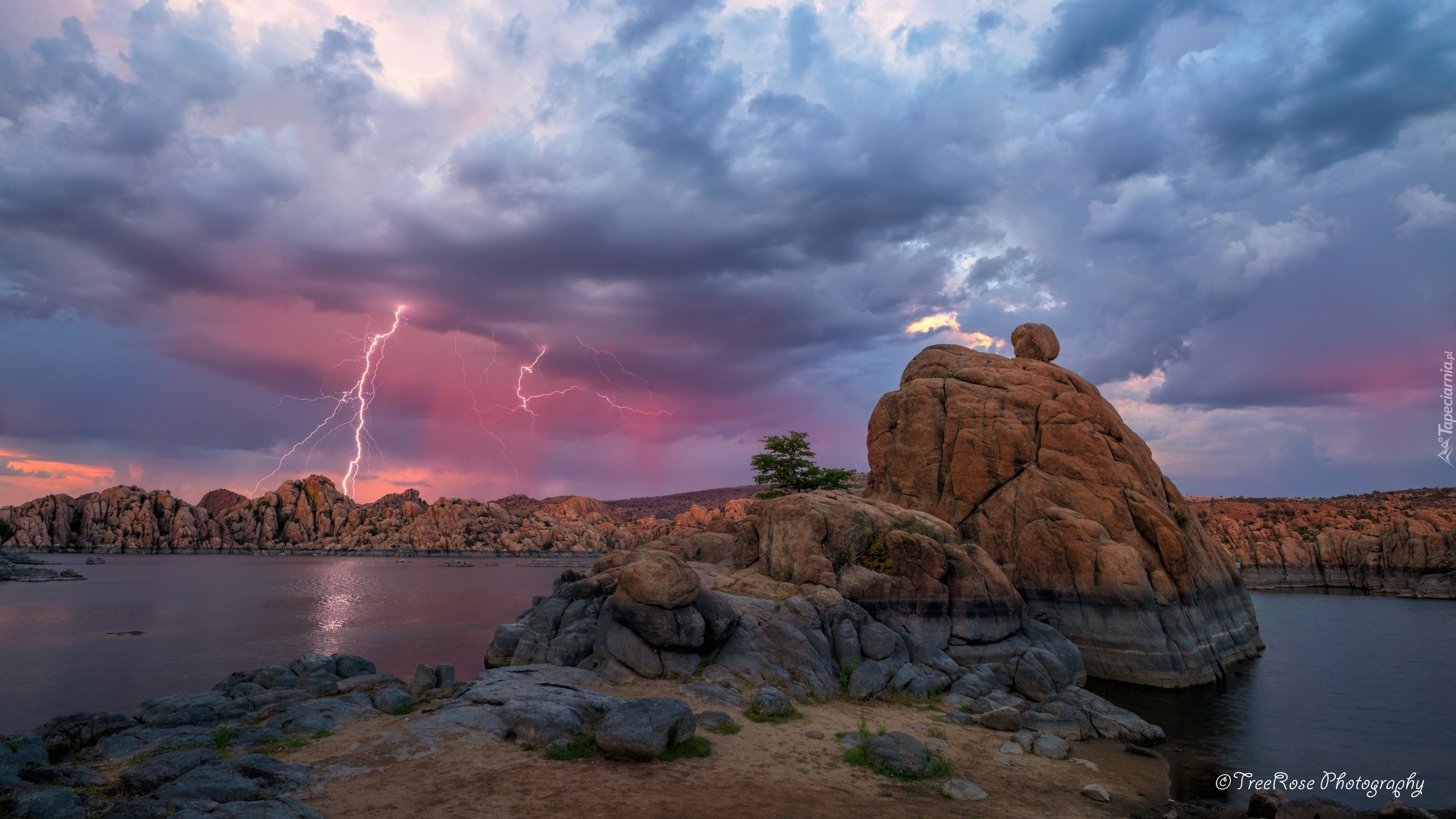 Stany Zjednoczone, Arizona, Jezioro, Watson Lake, Skały, Burza, Chmury, Błyskawice