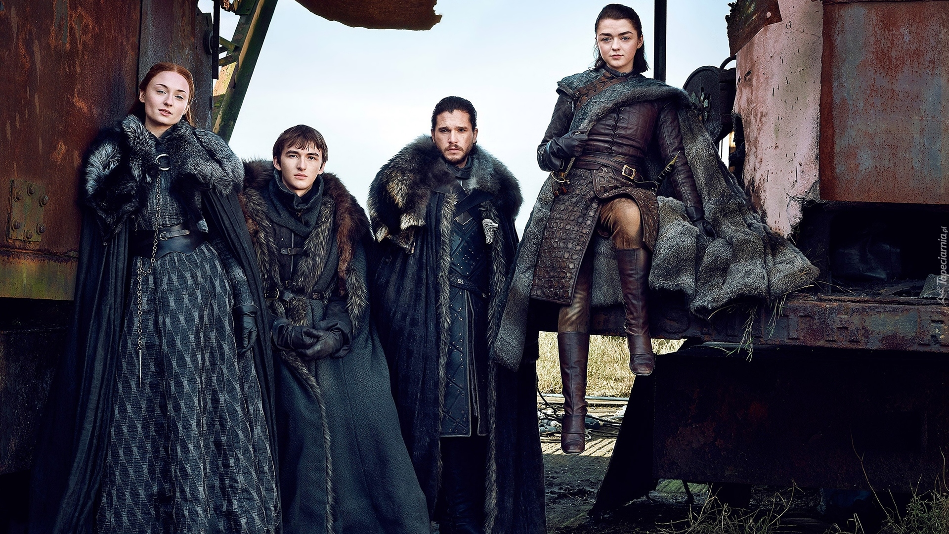 Gra o Tron, Game of Thrones, Sophie Turner - Sansa Stark, Isaac Hempstead-Wright - Bran Stark, Kit Harington - Jon Snow, Maisie Williams - Arya Stark