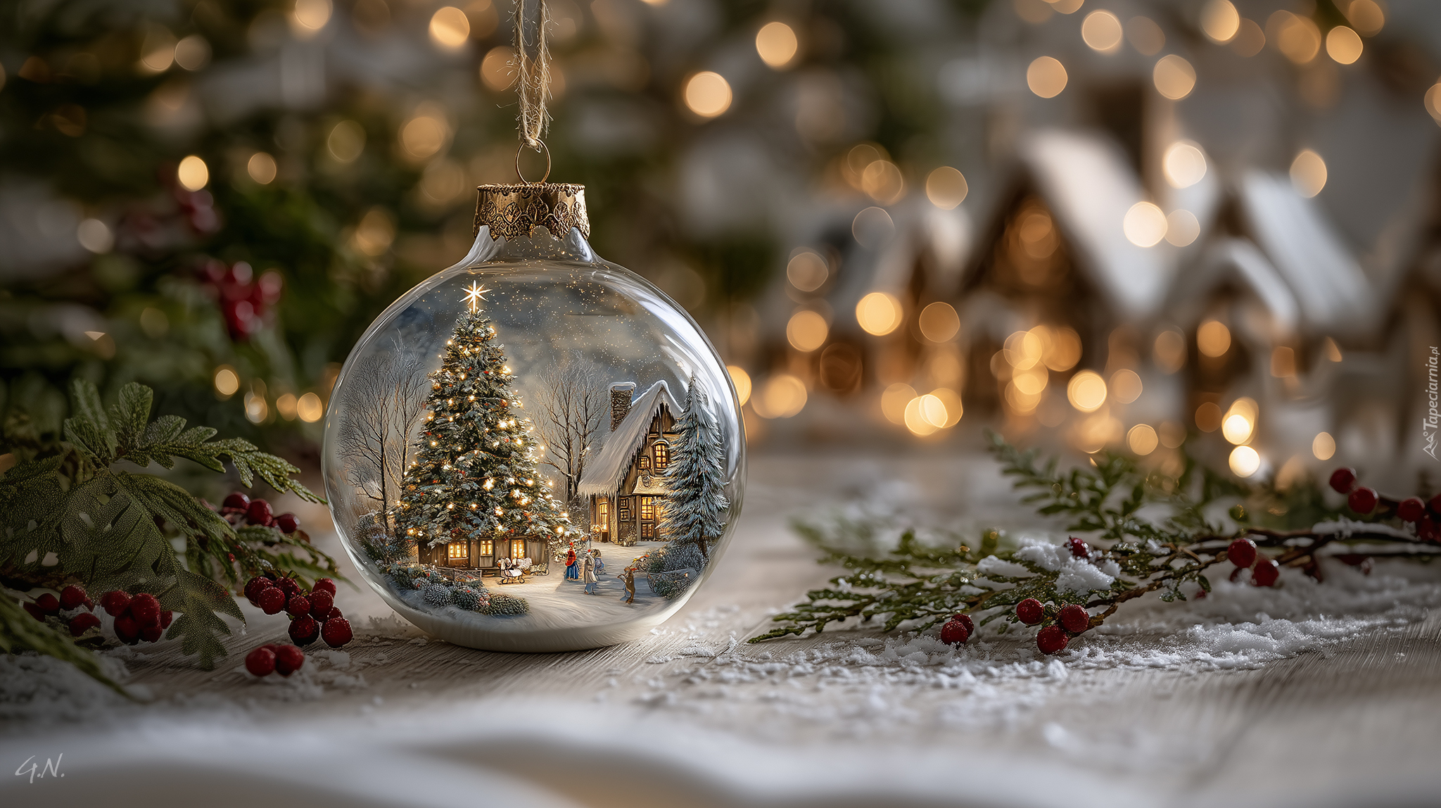 Boże Narodzenie, Bombka, Gałązki, Grafika AI