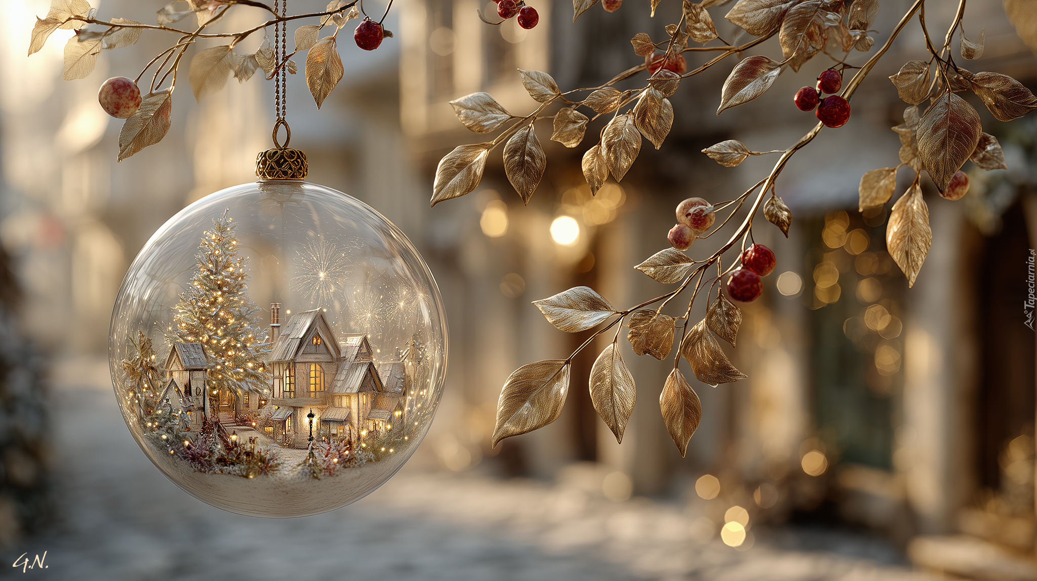 Boże Narodzenie, Bombka, Złote, Liście, Gałązki, Grafika AI