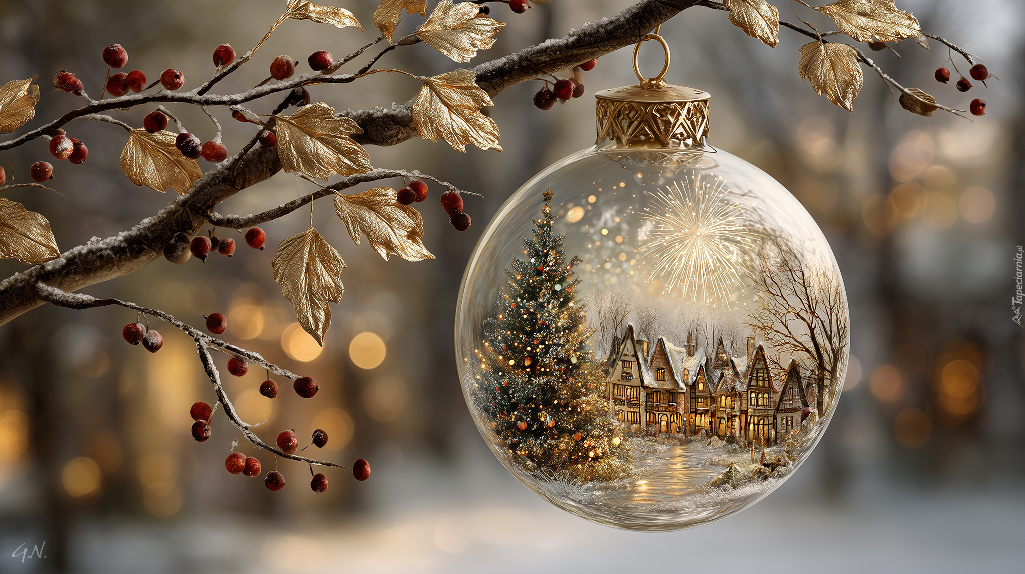 Boże Narodzenie, Bombka, Złote, Liście, Gałązka, Grafika AI