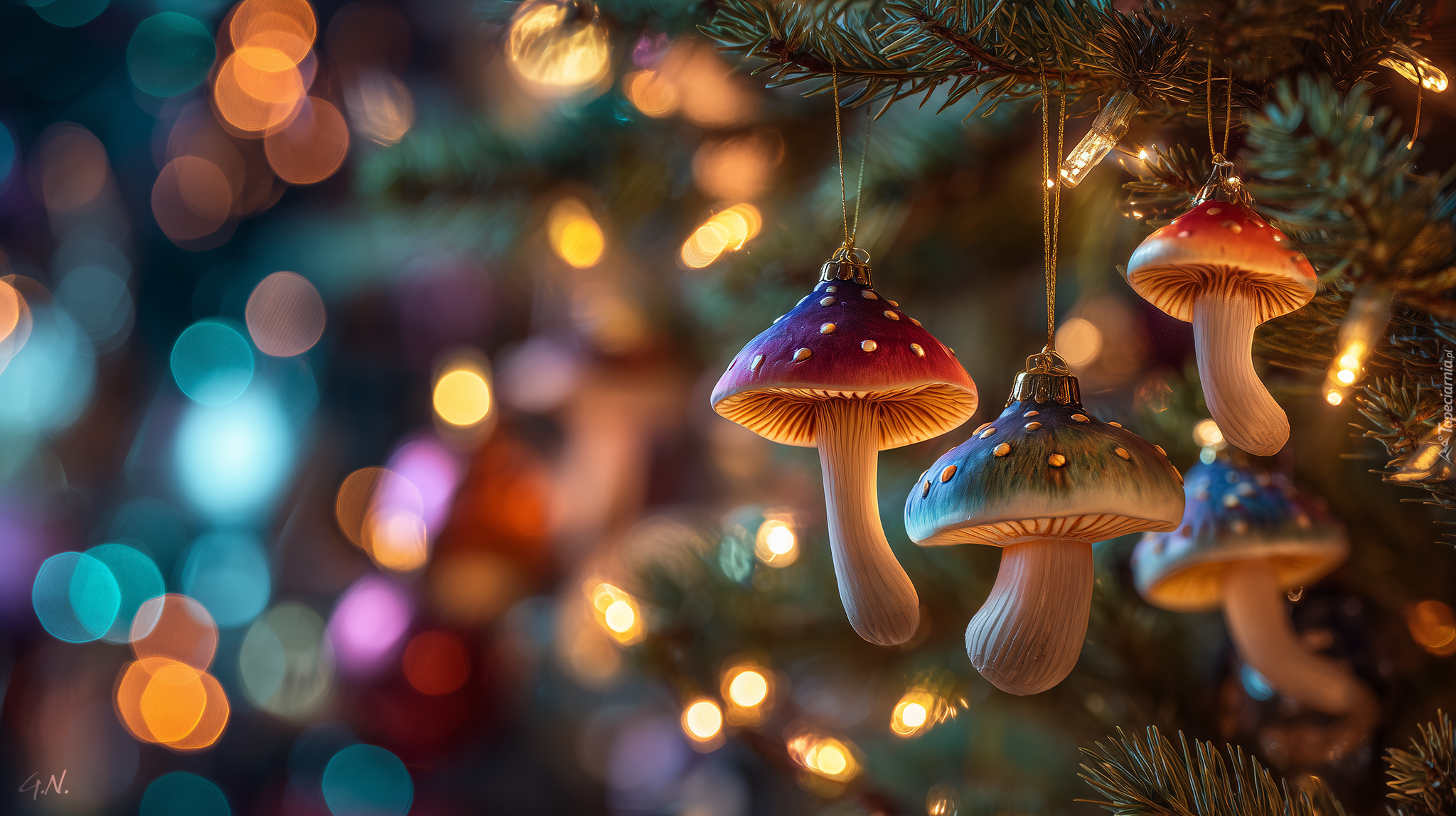 Bombki, Grzybki, Choinka, Boże Narodzenie, Grafika AI