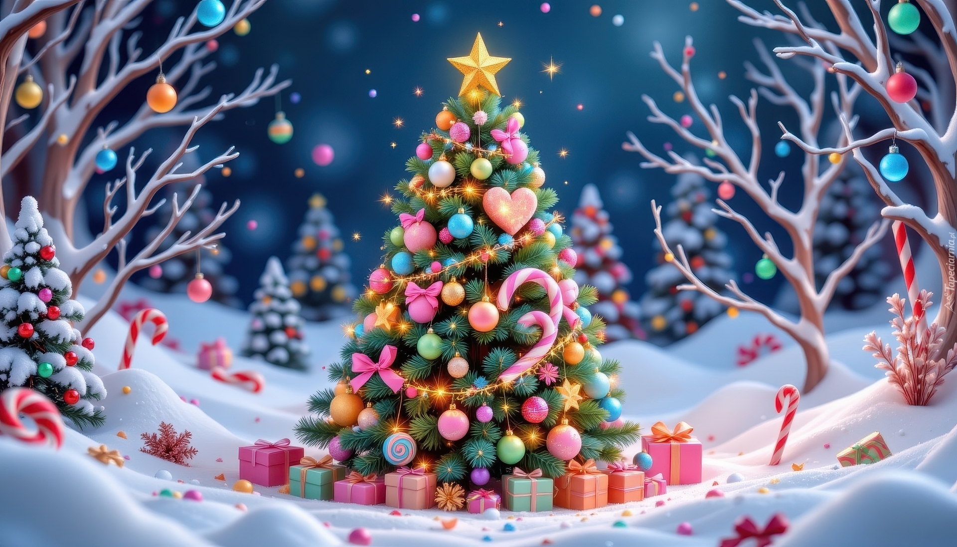 Boże Narodzenie, Choinka, Udekorowana, Bombki, Prezenty, Zima, Gałązki, AI