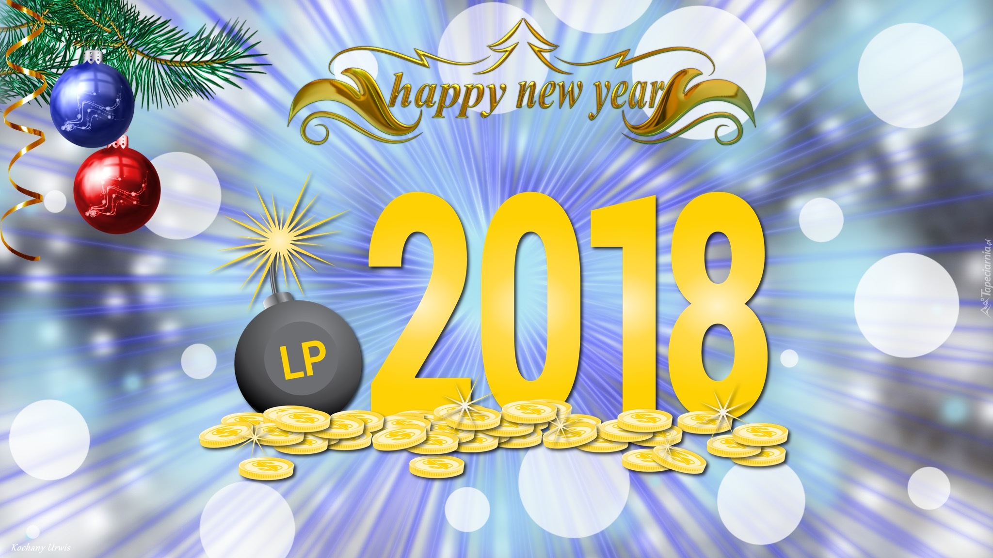 Nowy Rok, 2018, Napis, Happy New Year, Bombki, Gałązka