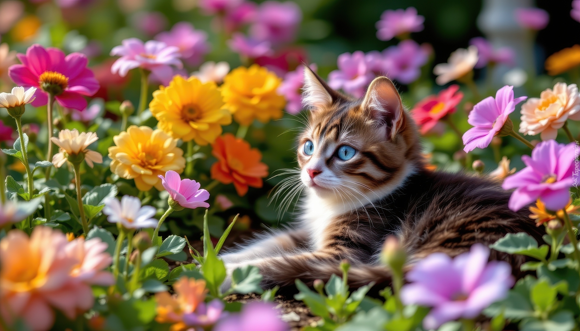 Brązowo-biały, Kot, Kwiaty, Kolorowe