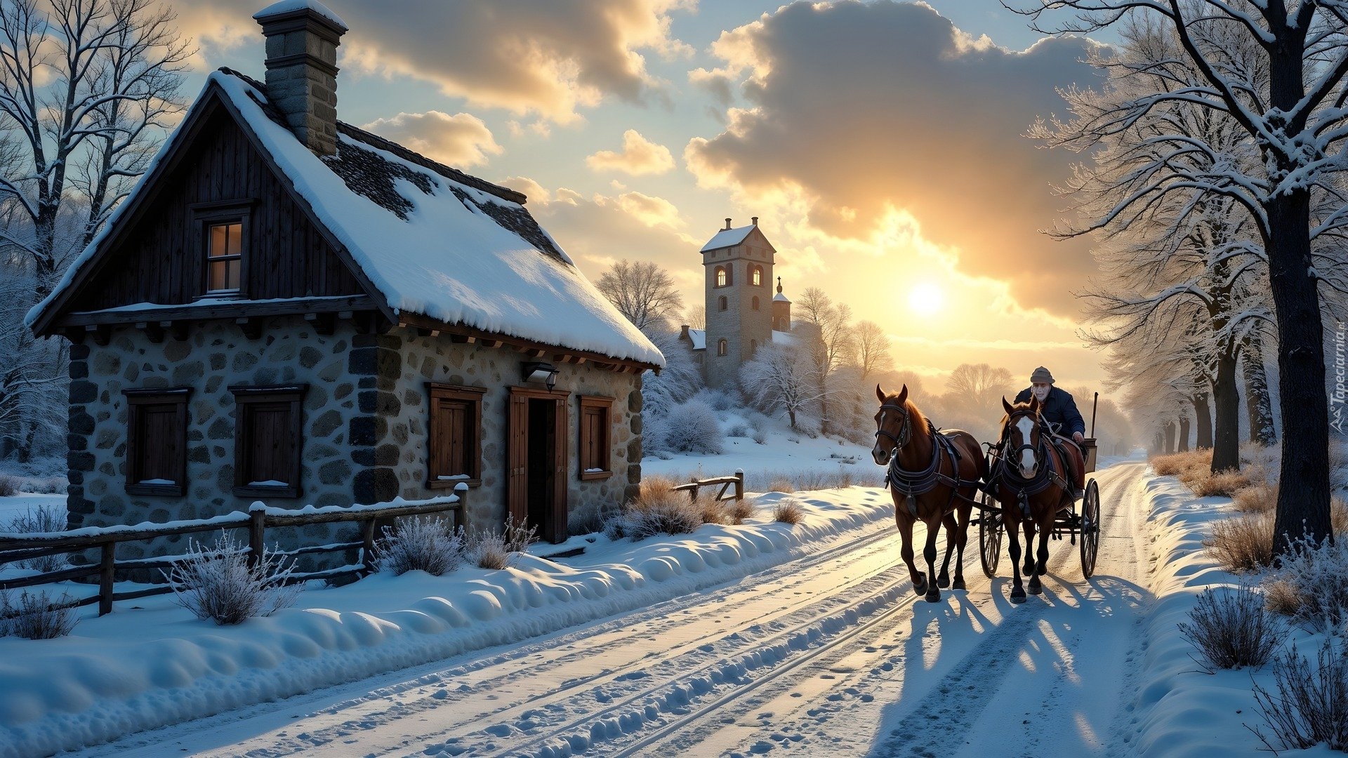 Zima, Dom, Droga, Drzewa, Konie, Bryczka, Powóz, Zachód słońca