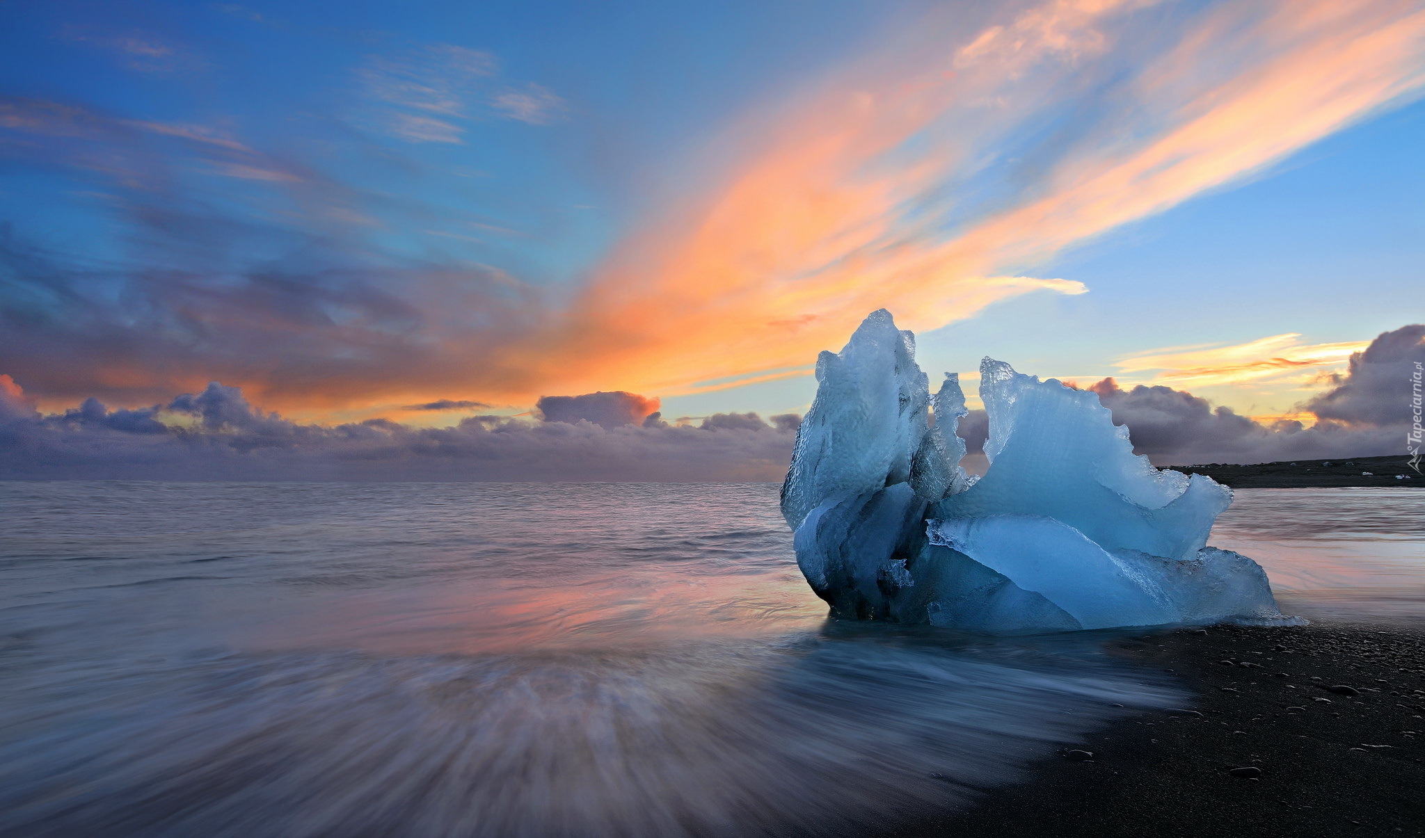 Islandia, Jezioro Jökulsárlón, Bryła, Lód, Zachód słońca