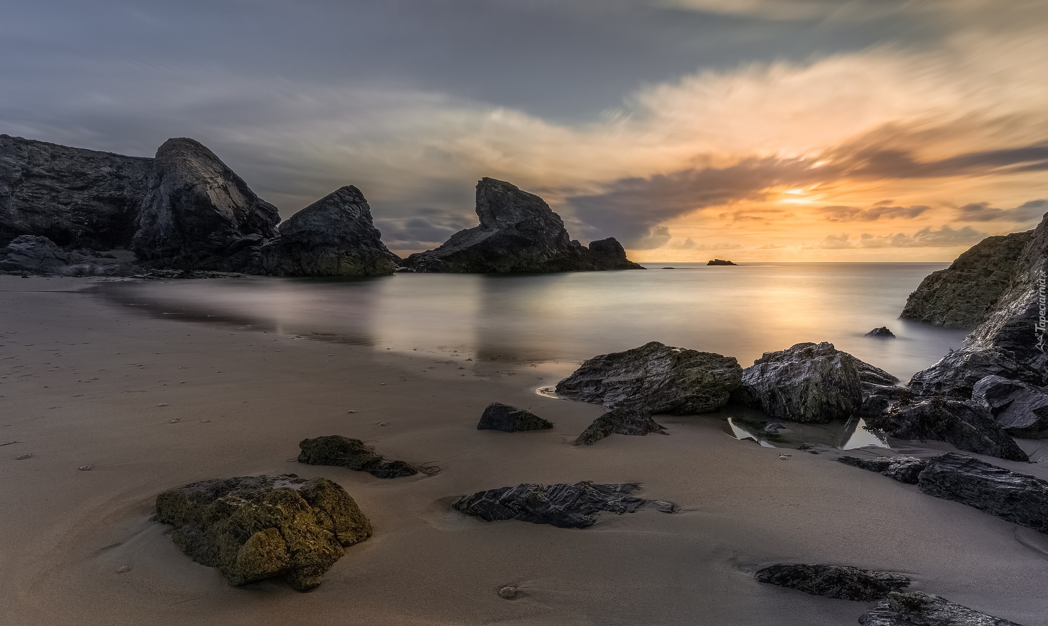 Morze, Brzeg, Skały, Kamienie, Plaża, Zachód słońca, Miejscowość Porthcothan, Kornwalia, Anglia