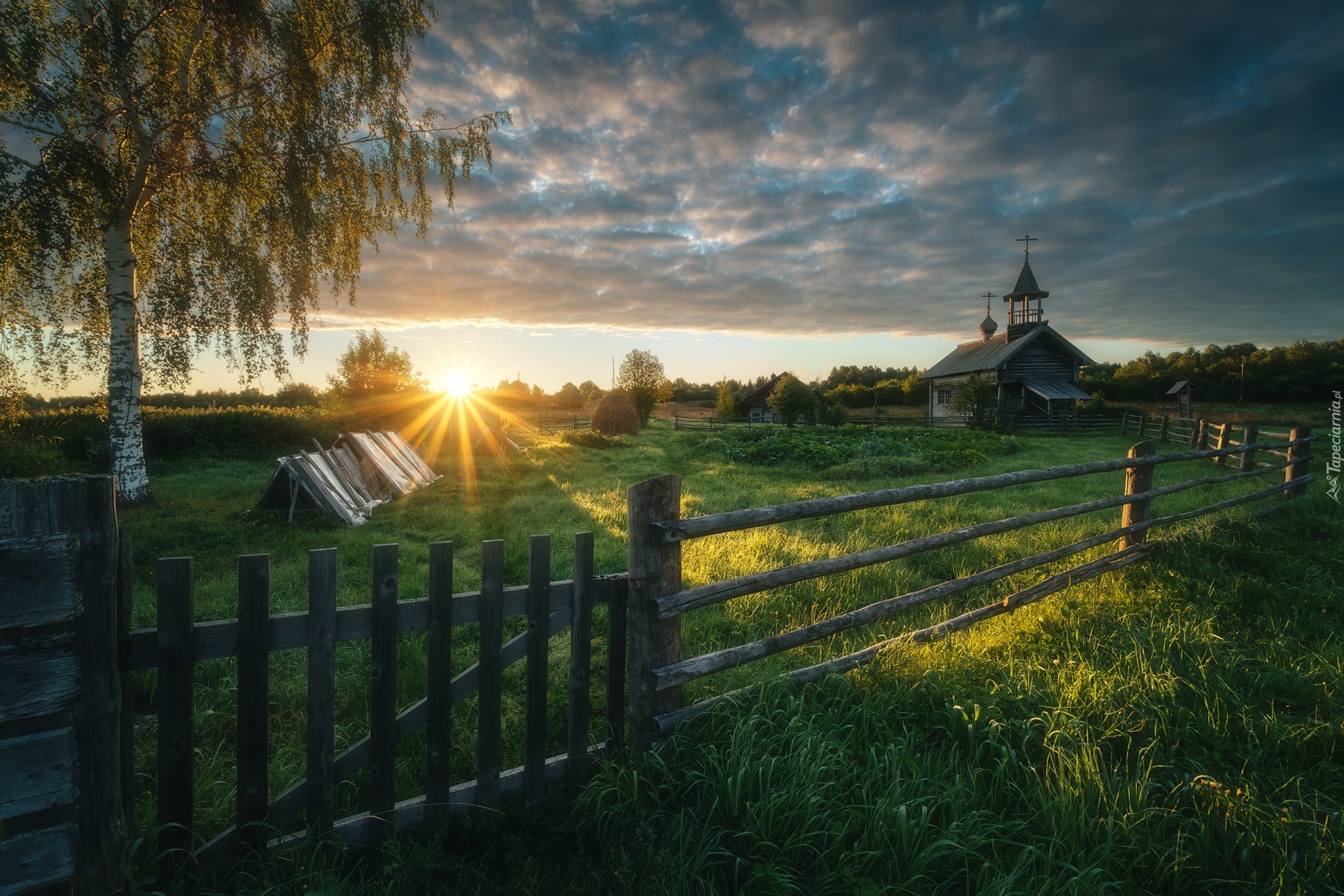 Wschód słońca, Cerkiew, Drzewo, Brzoza, Ogrodzenie