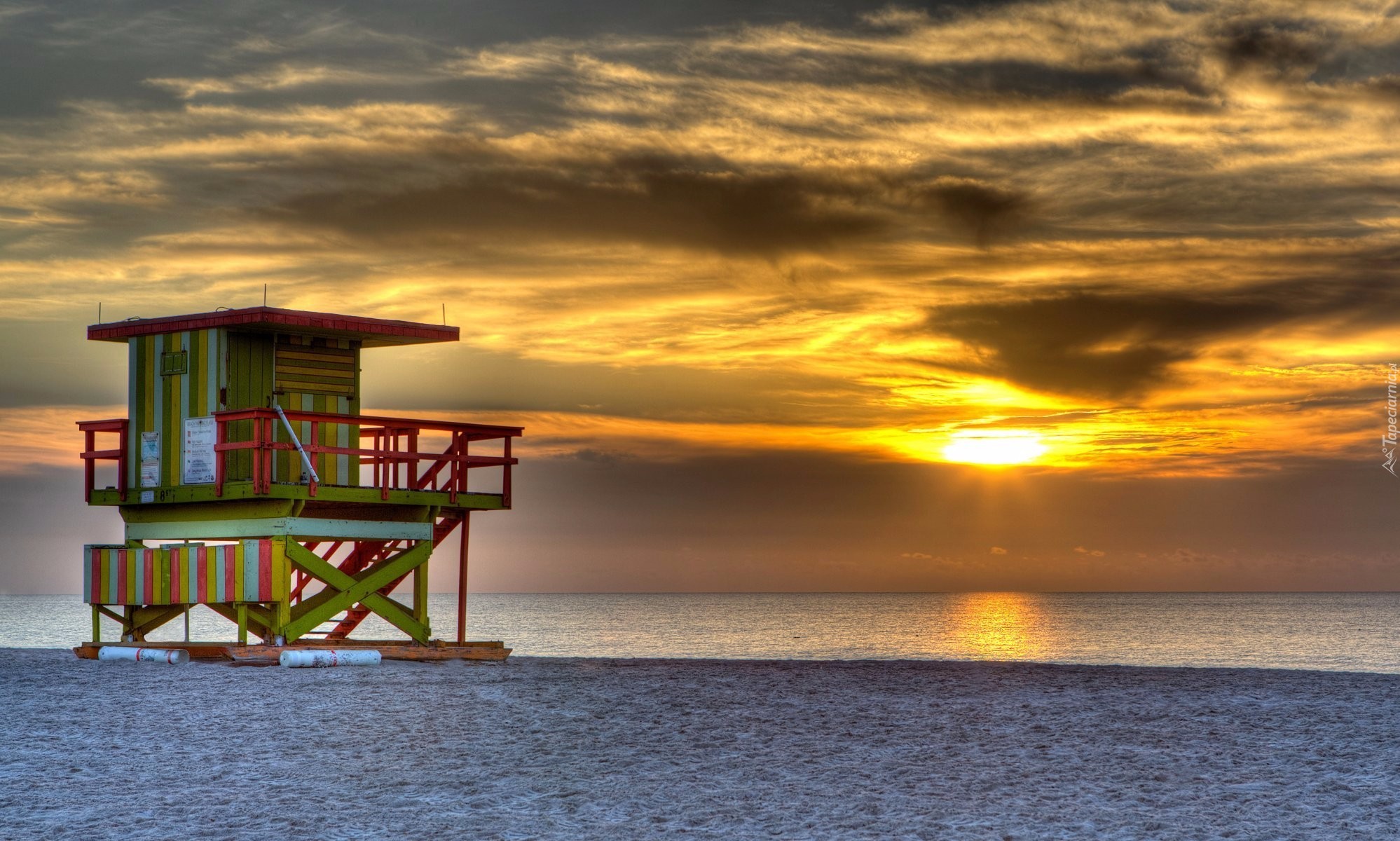 Stany Zjednoczone, Floryda, Miami Beach, Plaża, Budka, Ratownika, Morze, Zachód słońca