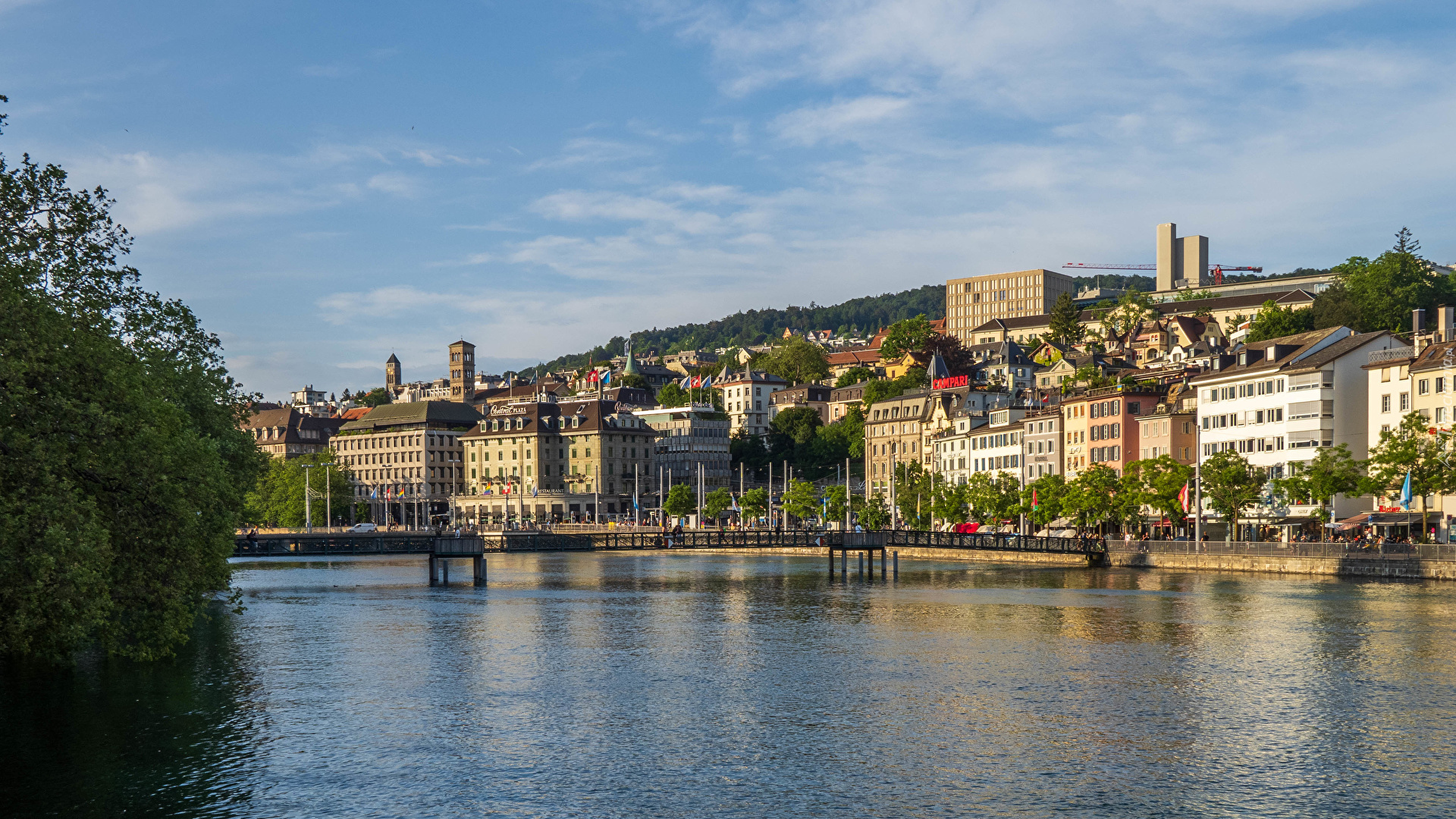 Szwajcaria, Miasto, Zurych, Rzeka Limmat, Most, Drzewa, Domy