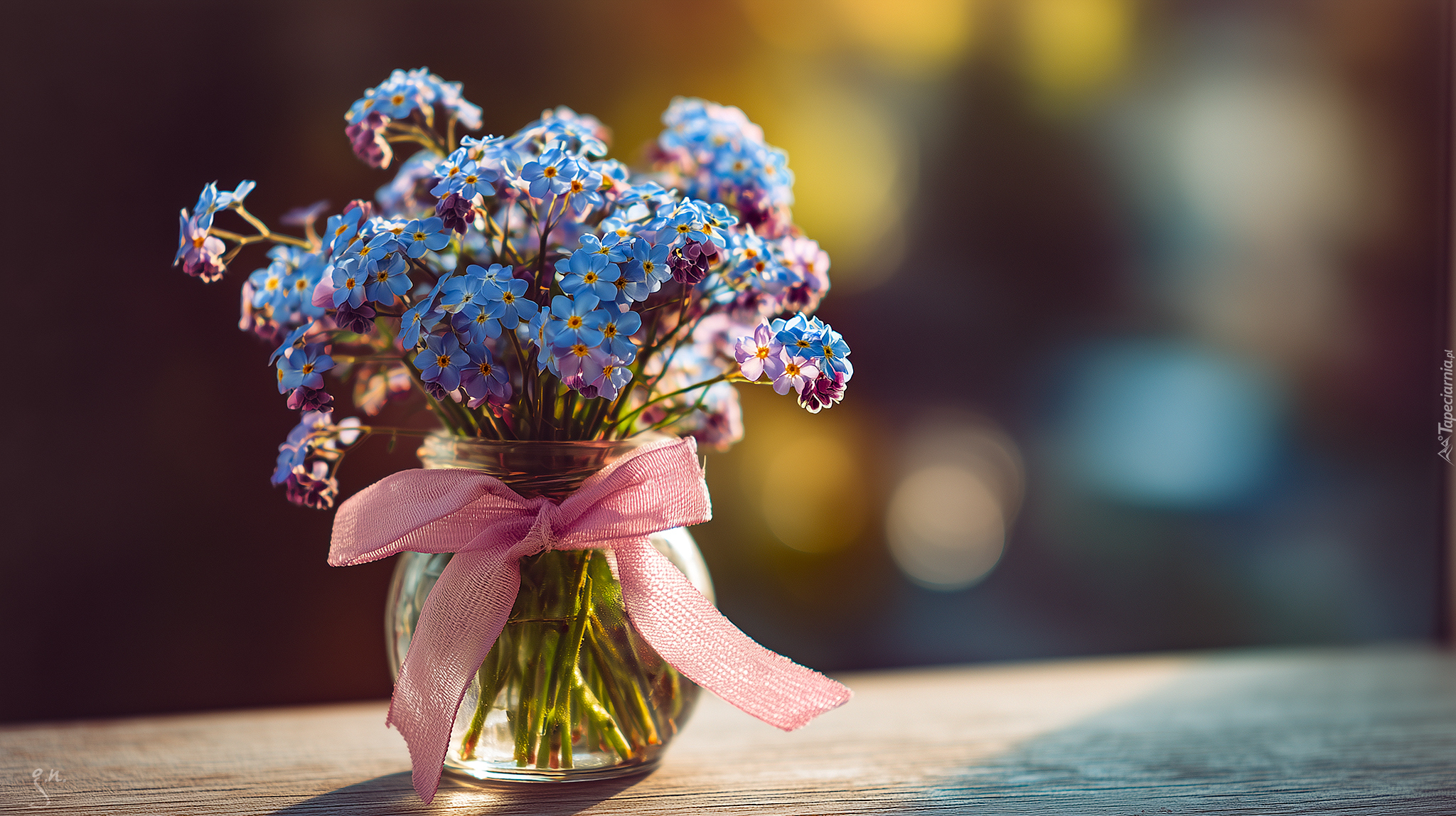 Niezapominajki, Niebieskie, Kwiaty, Wazonik, Różowa, Kokardka, Grafika AI