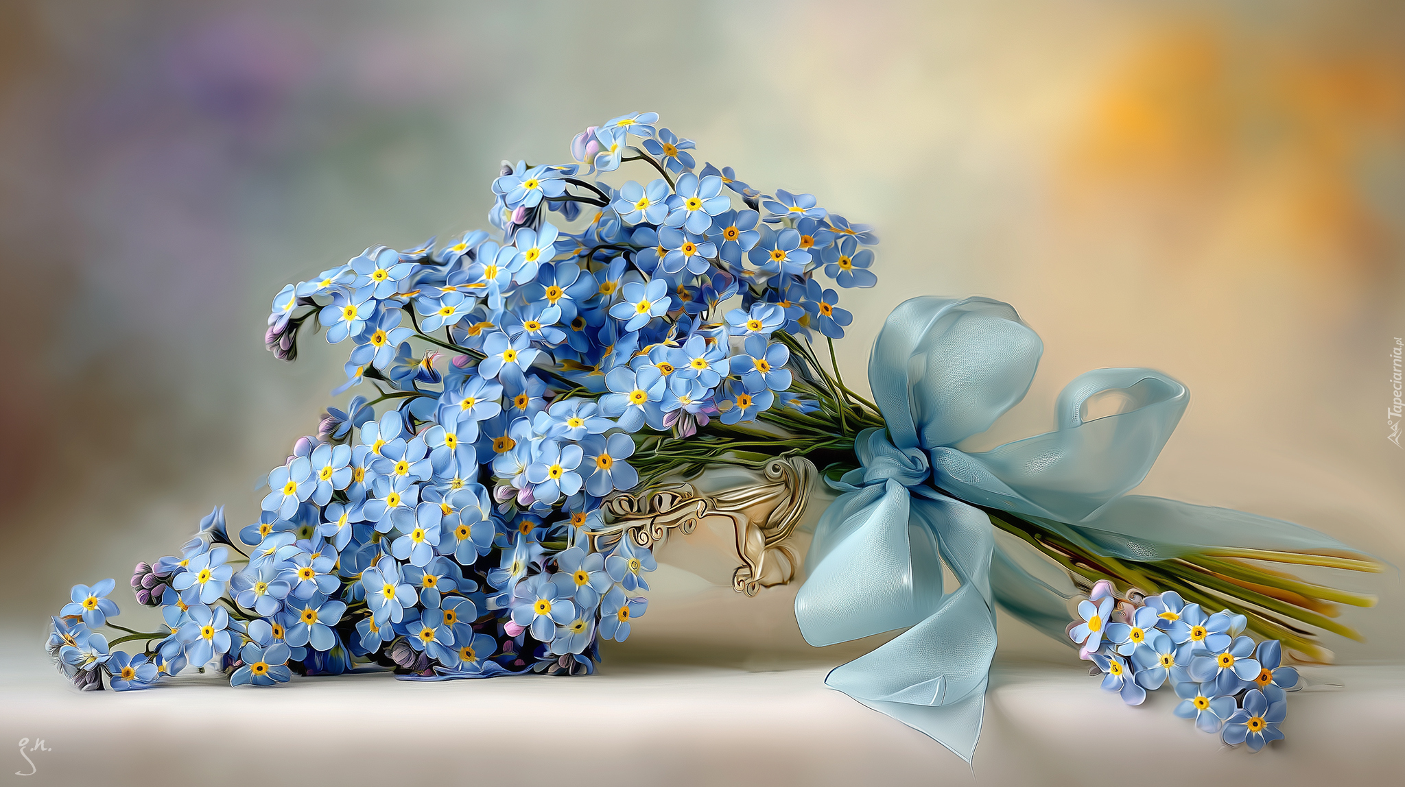 Niezapominajki, Bukiet, Niebieska, Wstążka, Grafika AI