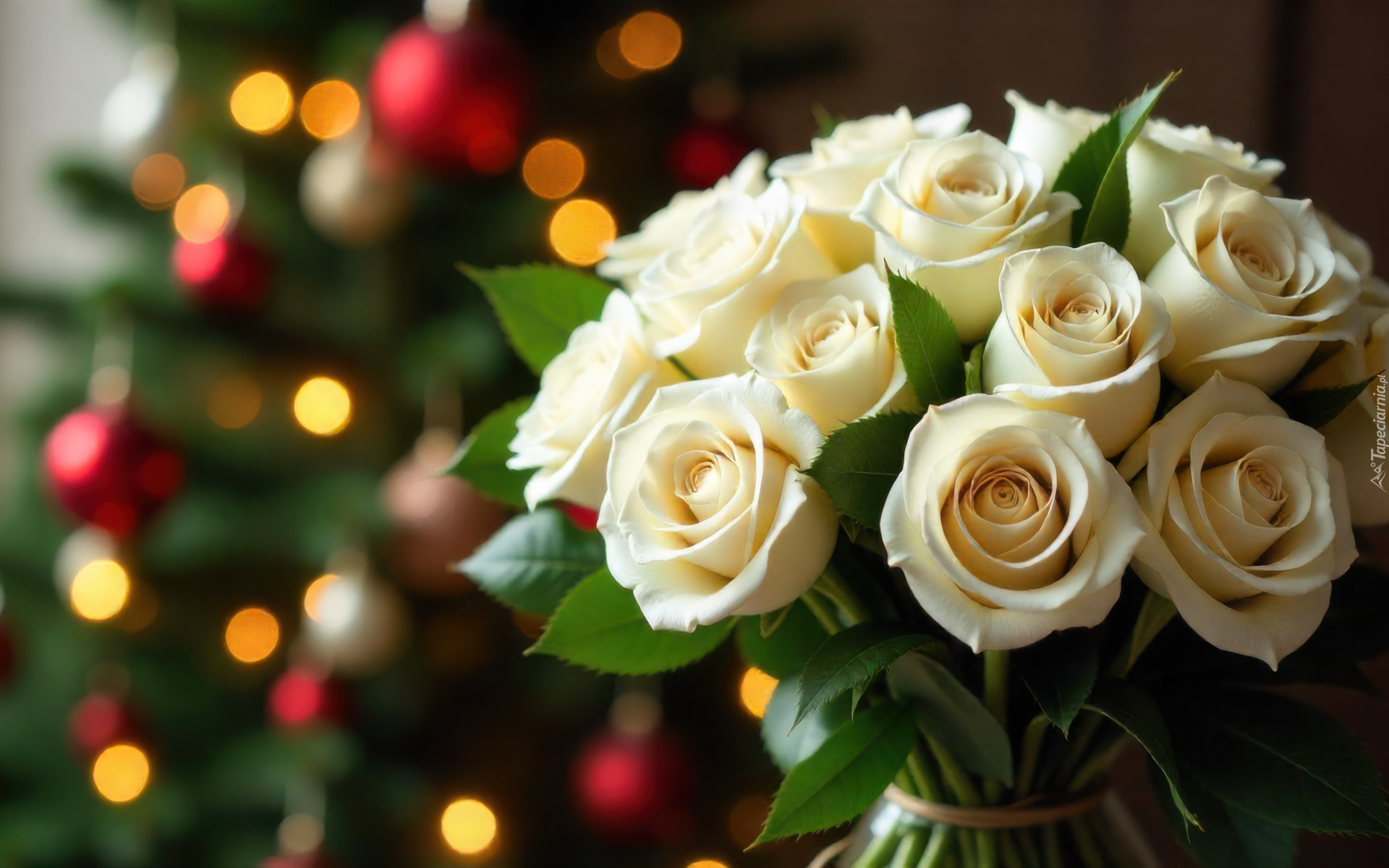 Kwiaty, Białe, Róże, Bukiet, Światła, Grafika AI