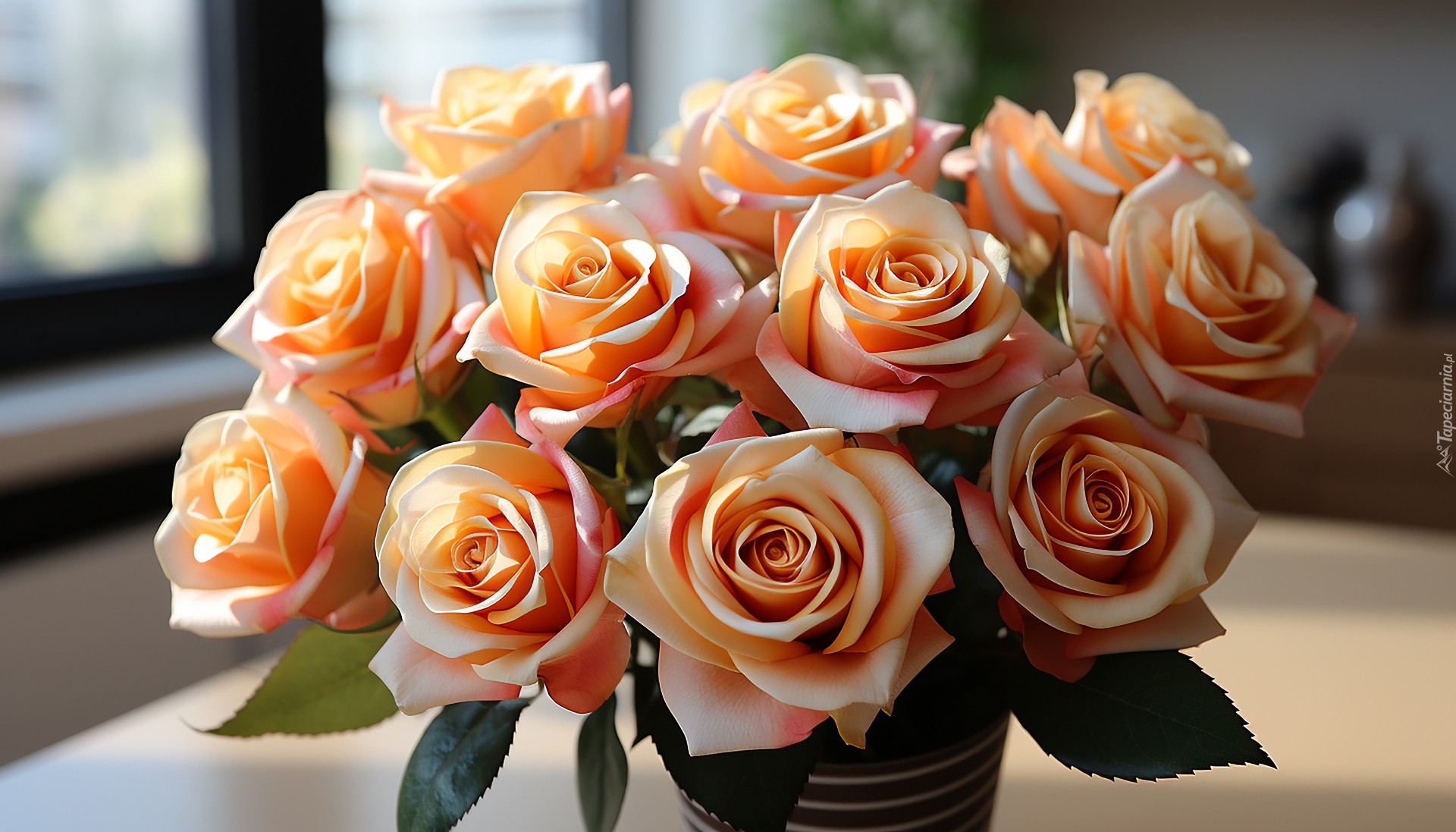 Kwiaty, Brzoskwiniowe, Róże, Bukiet, Wazon