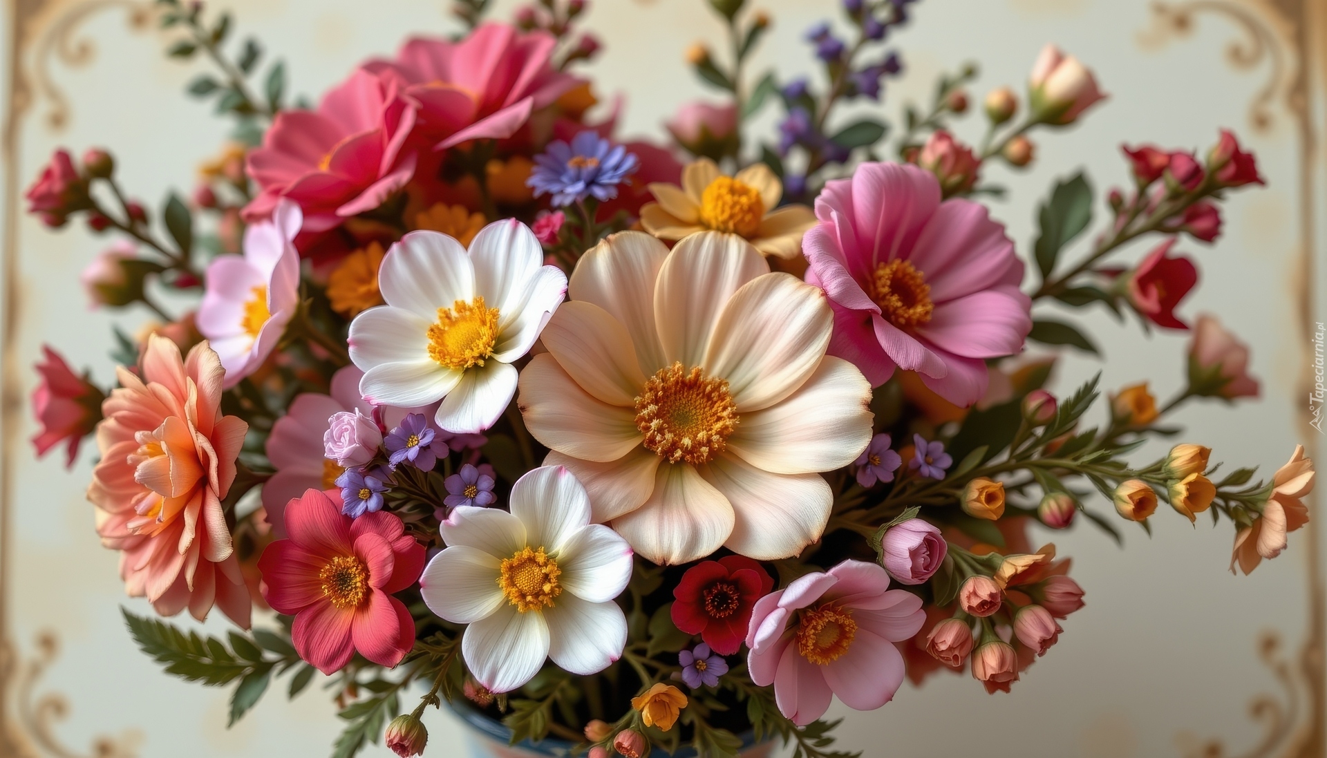 Bukiet, Kolorowe, Białe, Kremowe, Różowe, Kwiaty