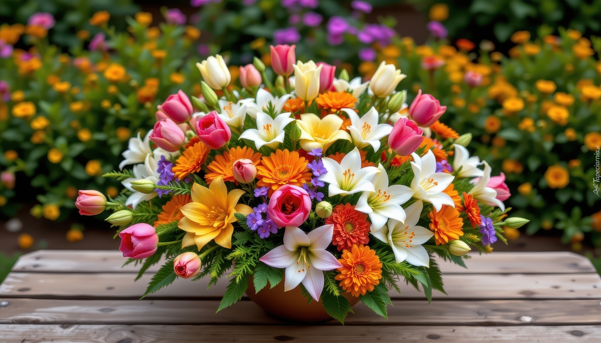 Kwiaty, Tulipany, Lilie, Aksamitki, Wazon, Stół, Bukiet