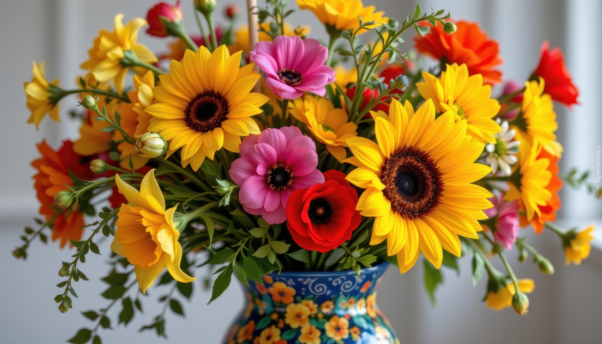 Bukiet, Kwiaty, Słoneczniki, Wazon