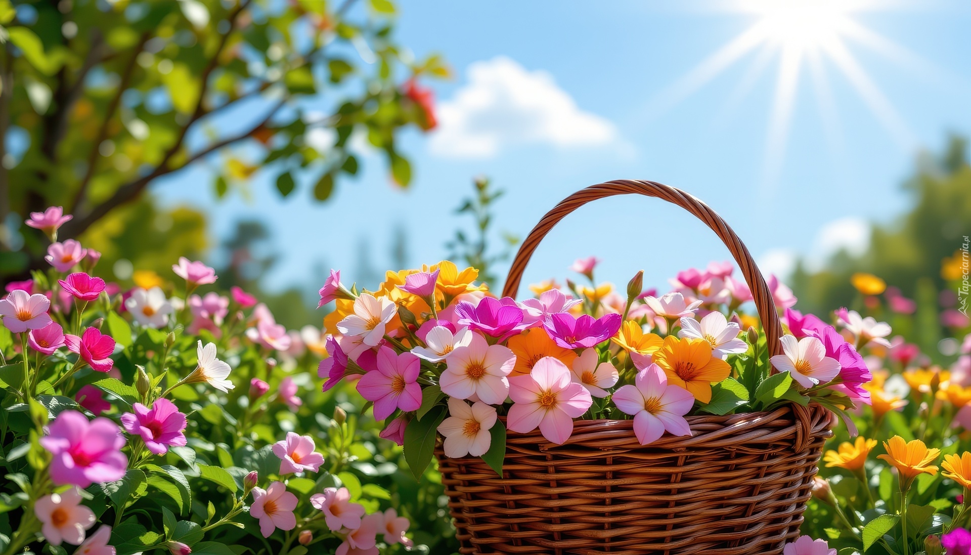 Koszyk, Kwiaty, Niebo, Słońce, Grafika AI