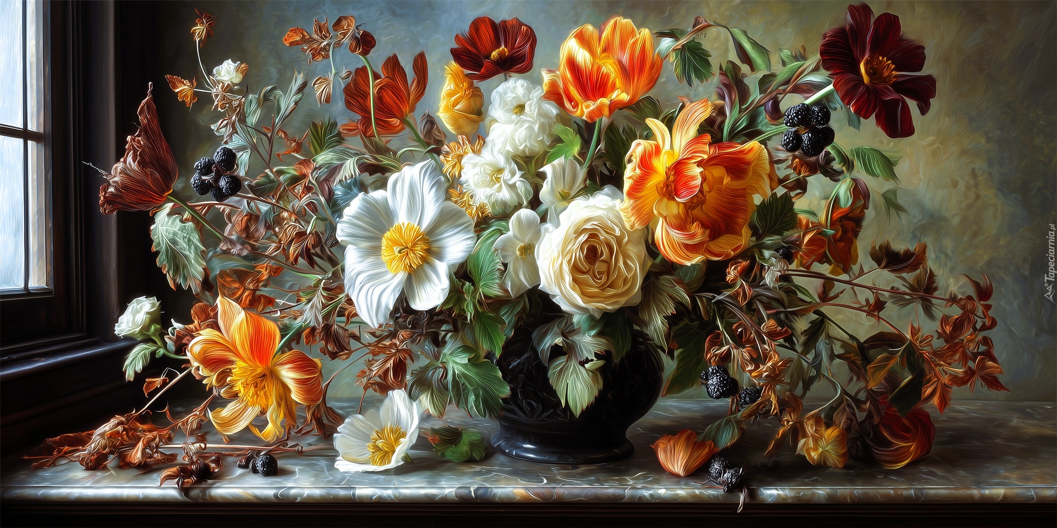 Kolorowe, Kwiaty, Bukiet, Blat, Okno, Grafika AI