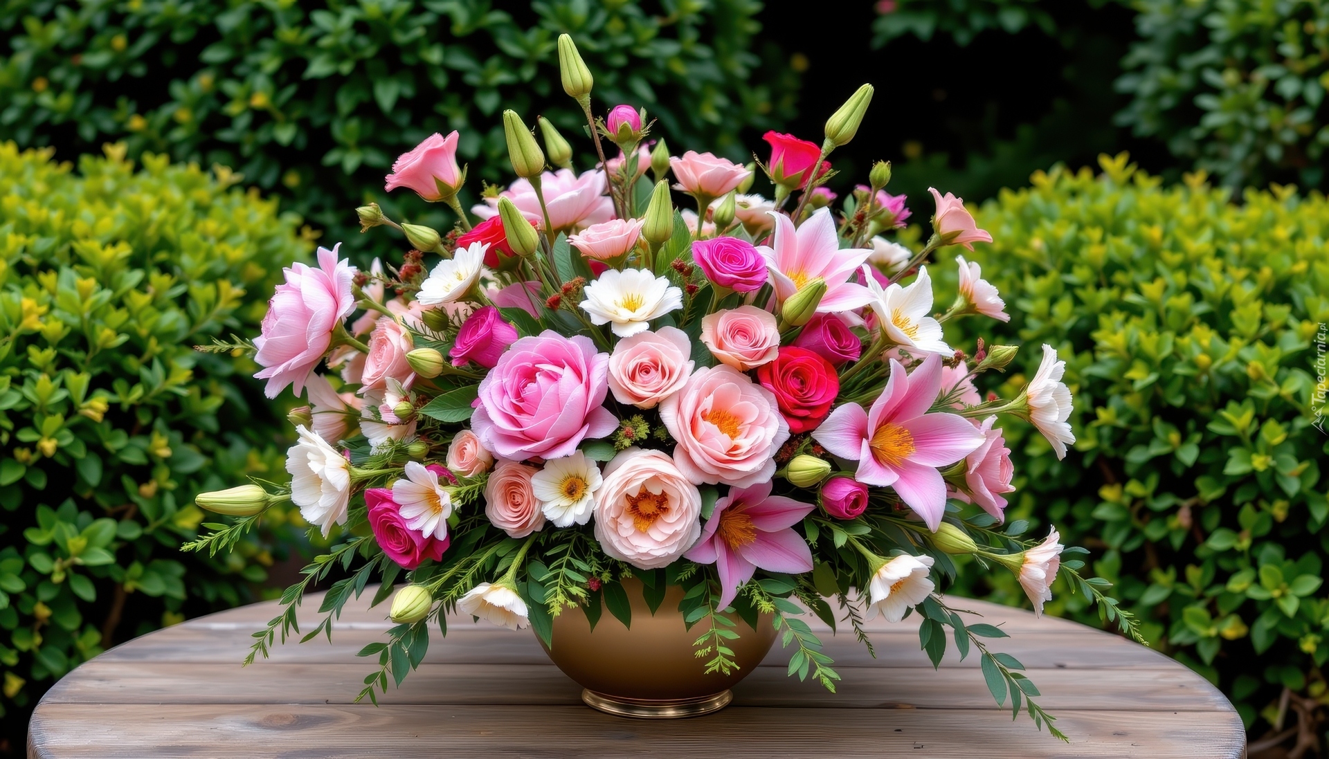 Kwiaty, Róże, Piwonie, Lilie, Bukiet, Wazon, Drewniany, Stół, Krzewy, Grafika AI