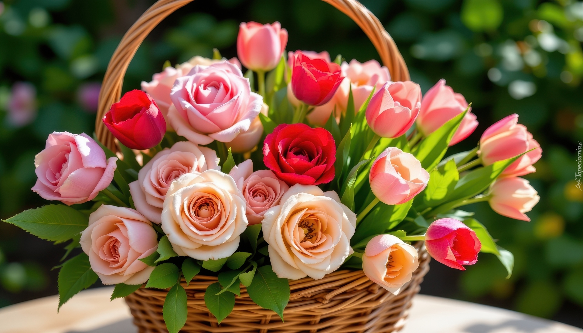 Kwiaty, Róże, Tulipany, Koszyk
